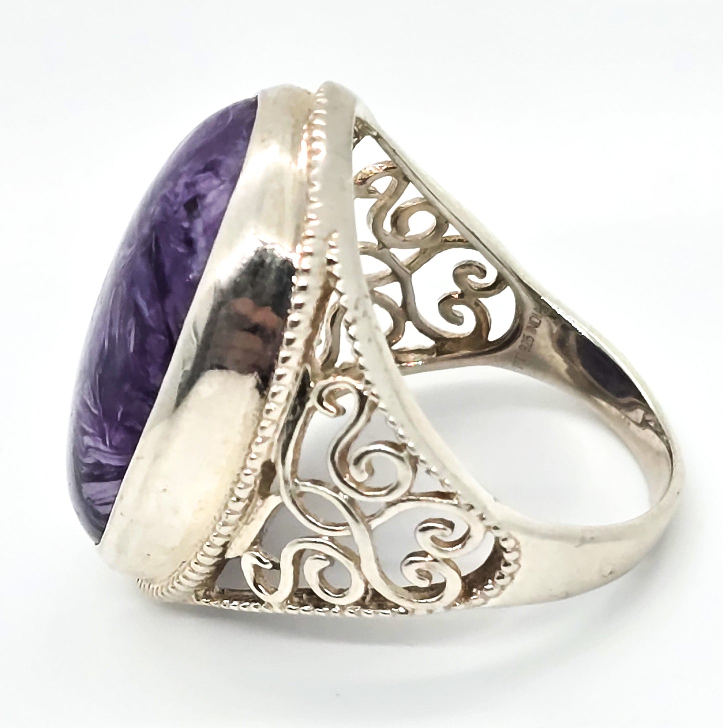 Charoite PTI large purple gemstone heart filigree sterling silver ring size 11