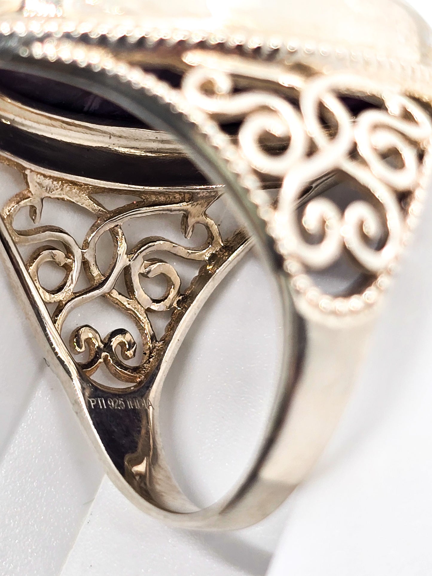 Charoite PTI large purple gemstone heart filigree sterling silver ring size 11