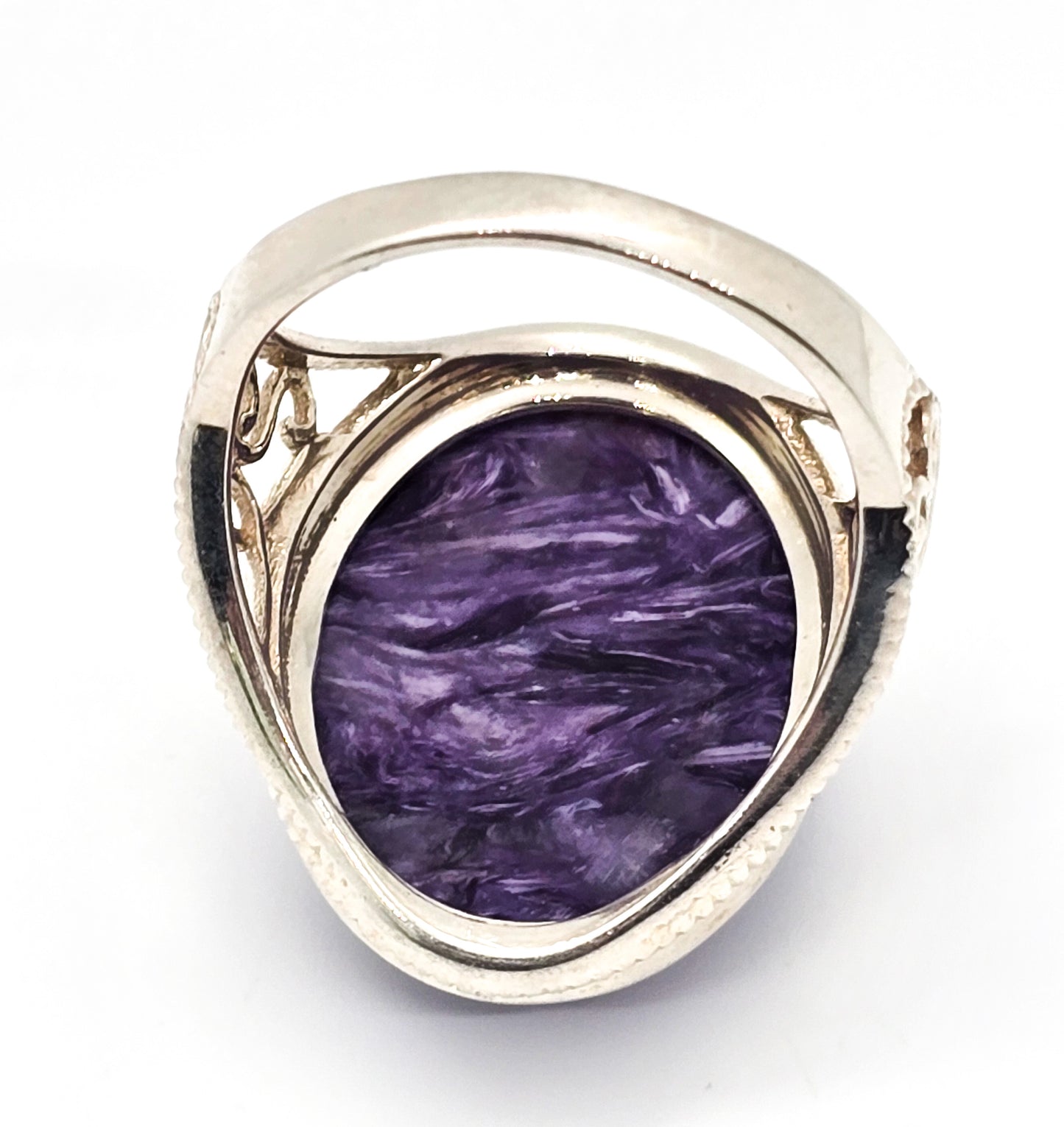 Charoite PTI large purple gemstone heart filigree sterling silver ring size 11
