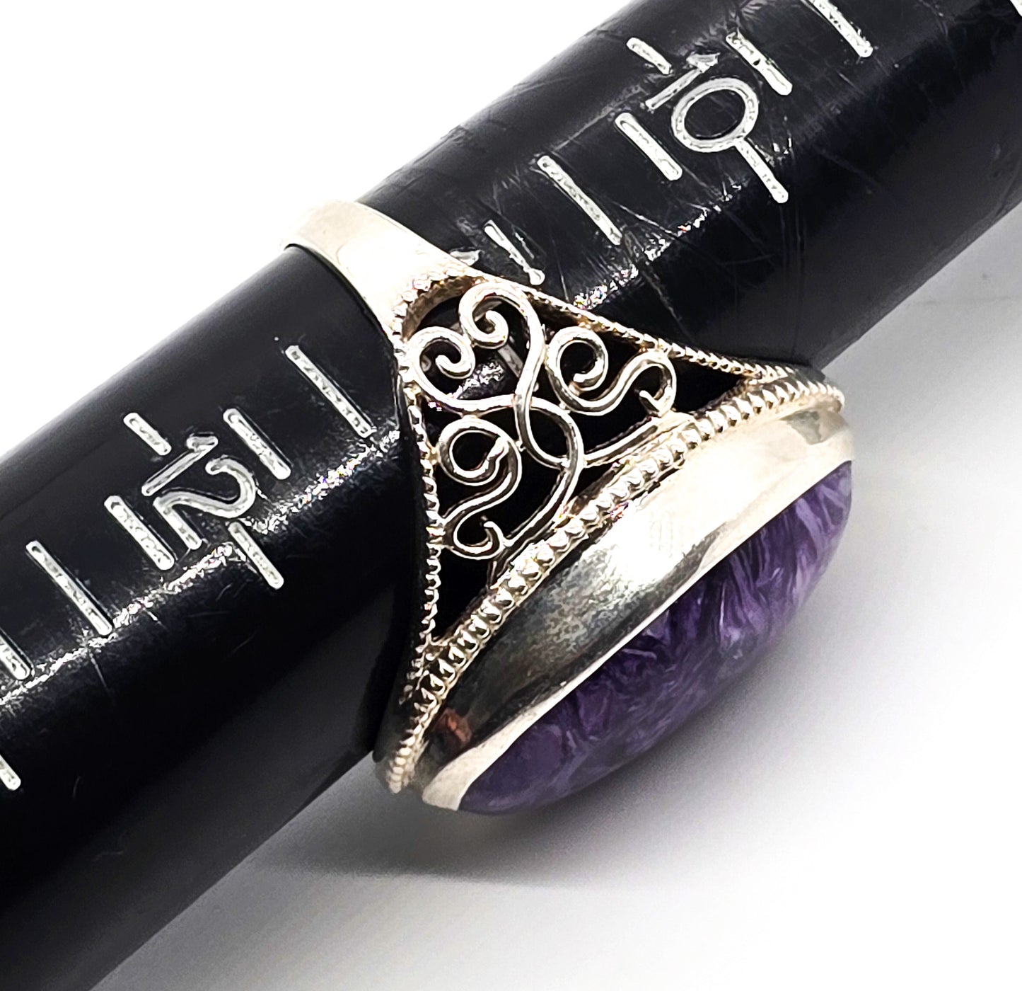 Charoite PTI large purple gemstone heart filigree sterling silver ring size 11