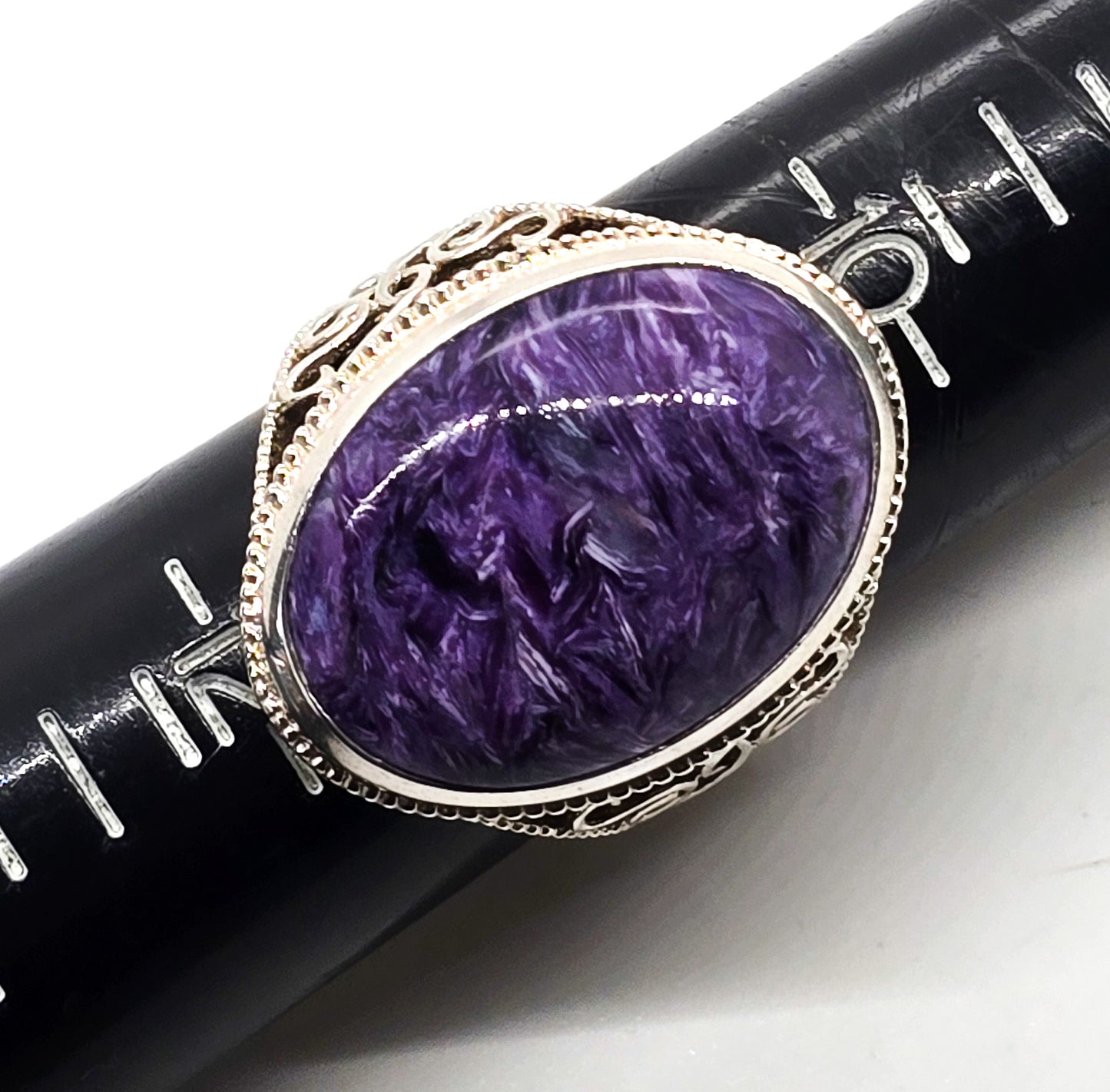 Charoite PTI large purple gemstone heart filigree sterling silver ring size 11