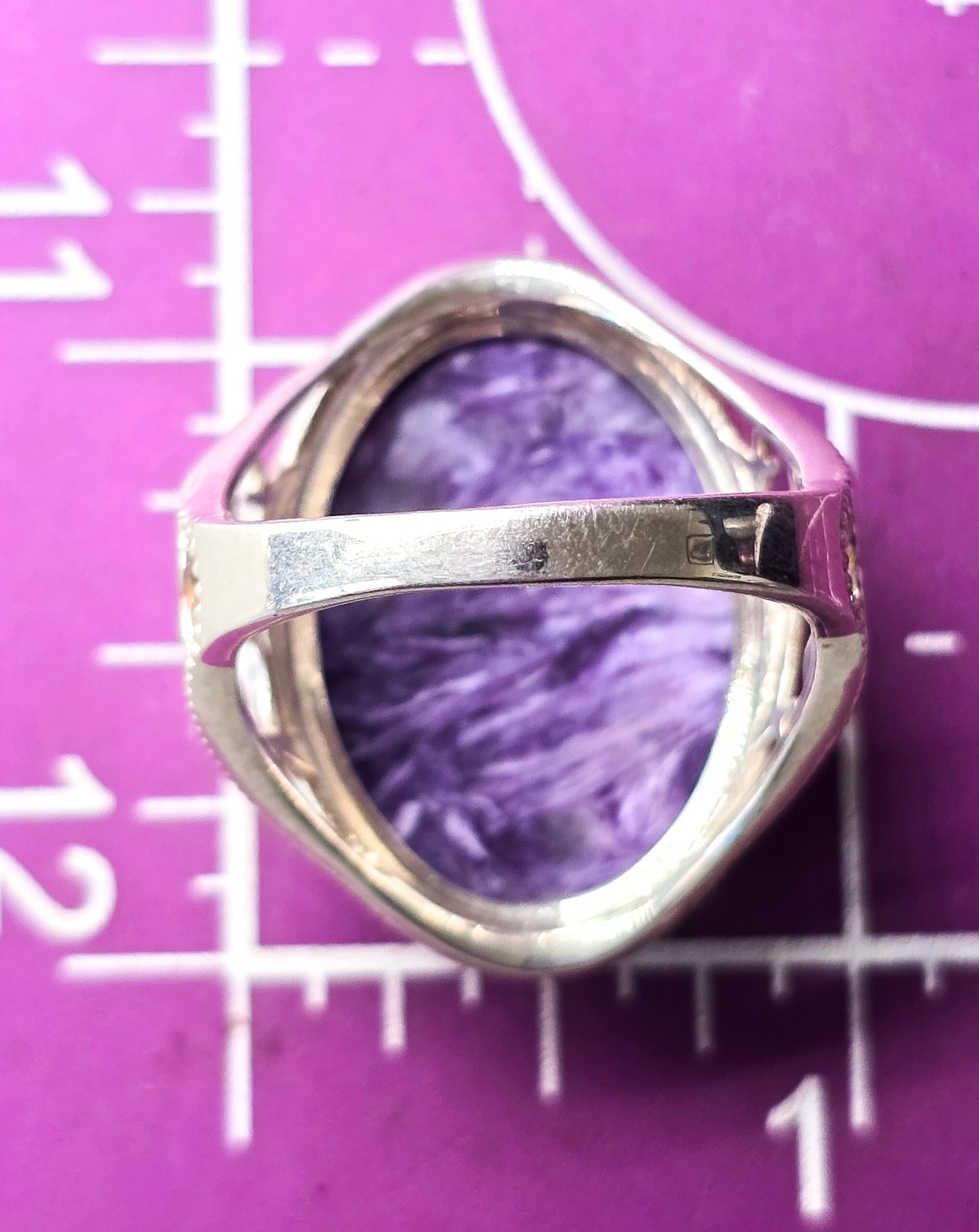 Charoite PTI large purple gemstone heart filigree sterling silver ring size 11