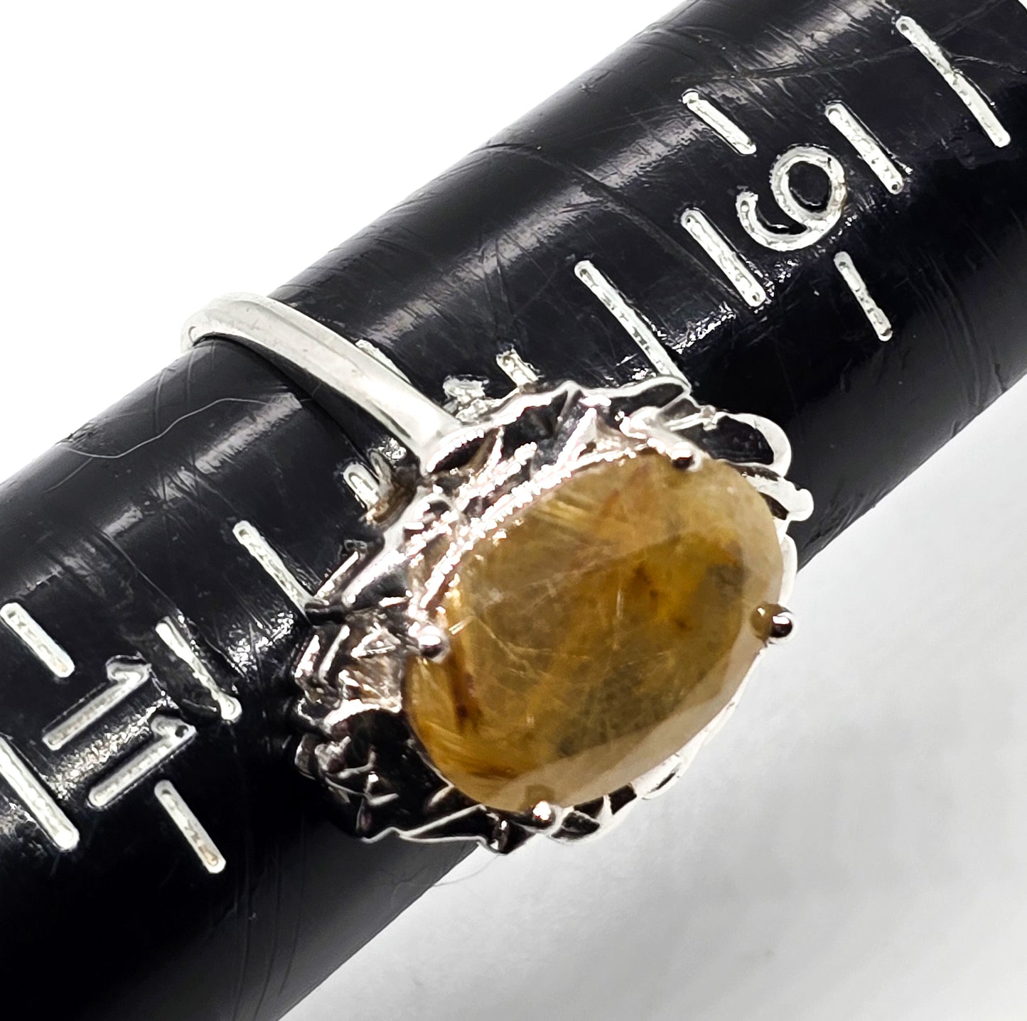 Golden rutilated quartz rhodium plated sterling silver JAHDO ring size 10
