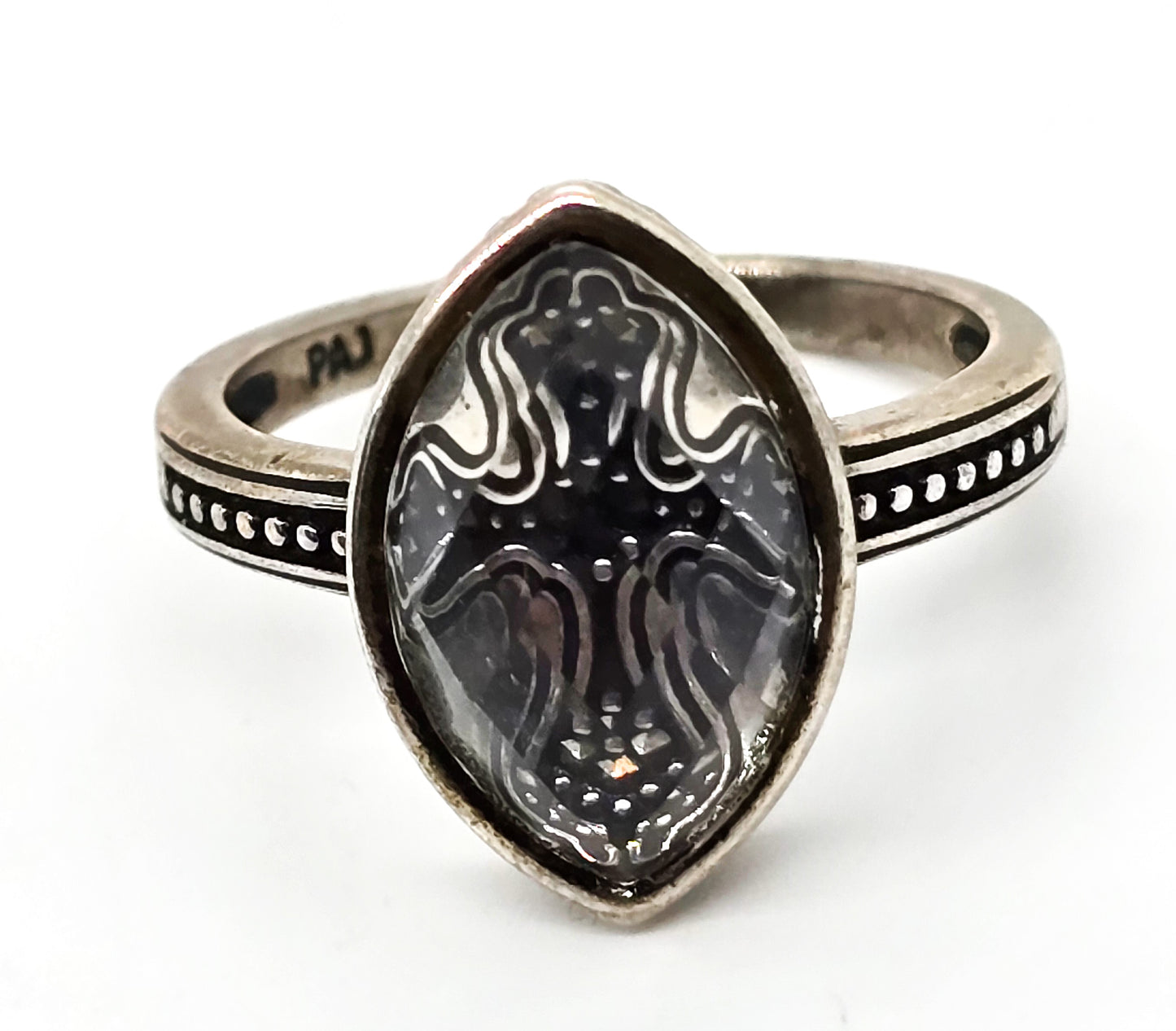 PAJ faceted Quartz Gothic Cross sterling silver signed ring size 10