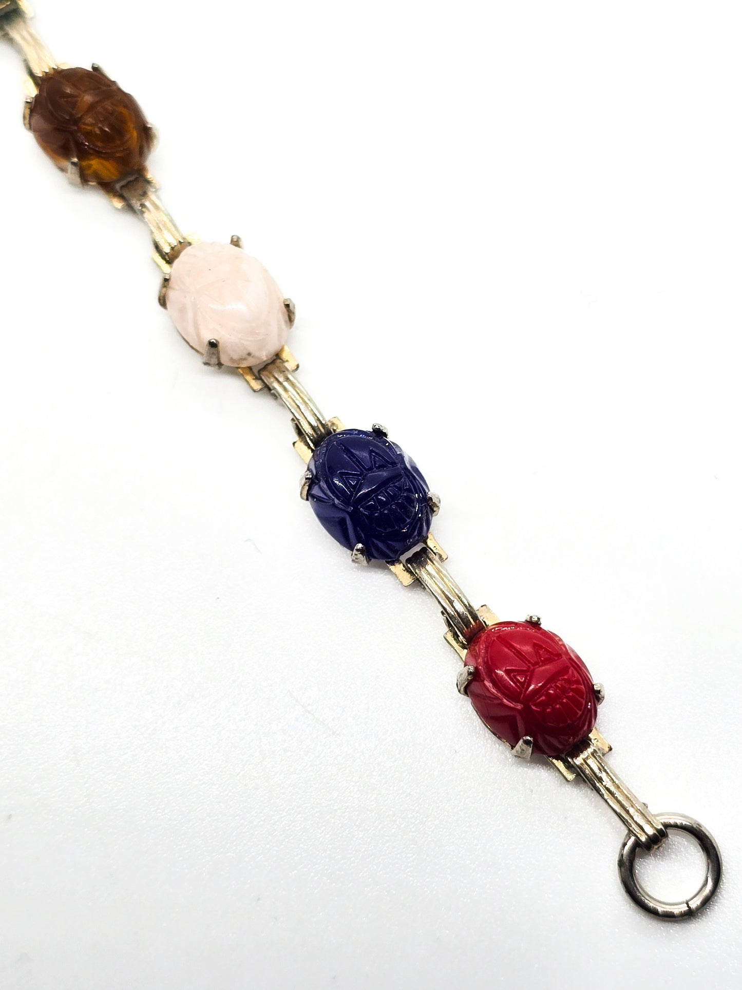 Egyptian Revival scarab beetle molded glass vintage mid century bracelet