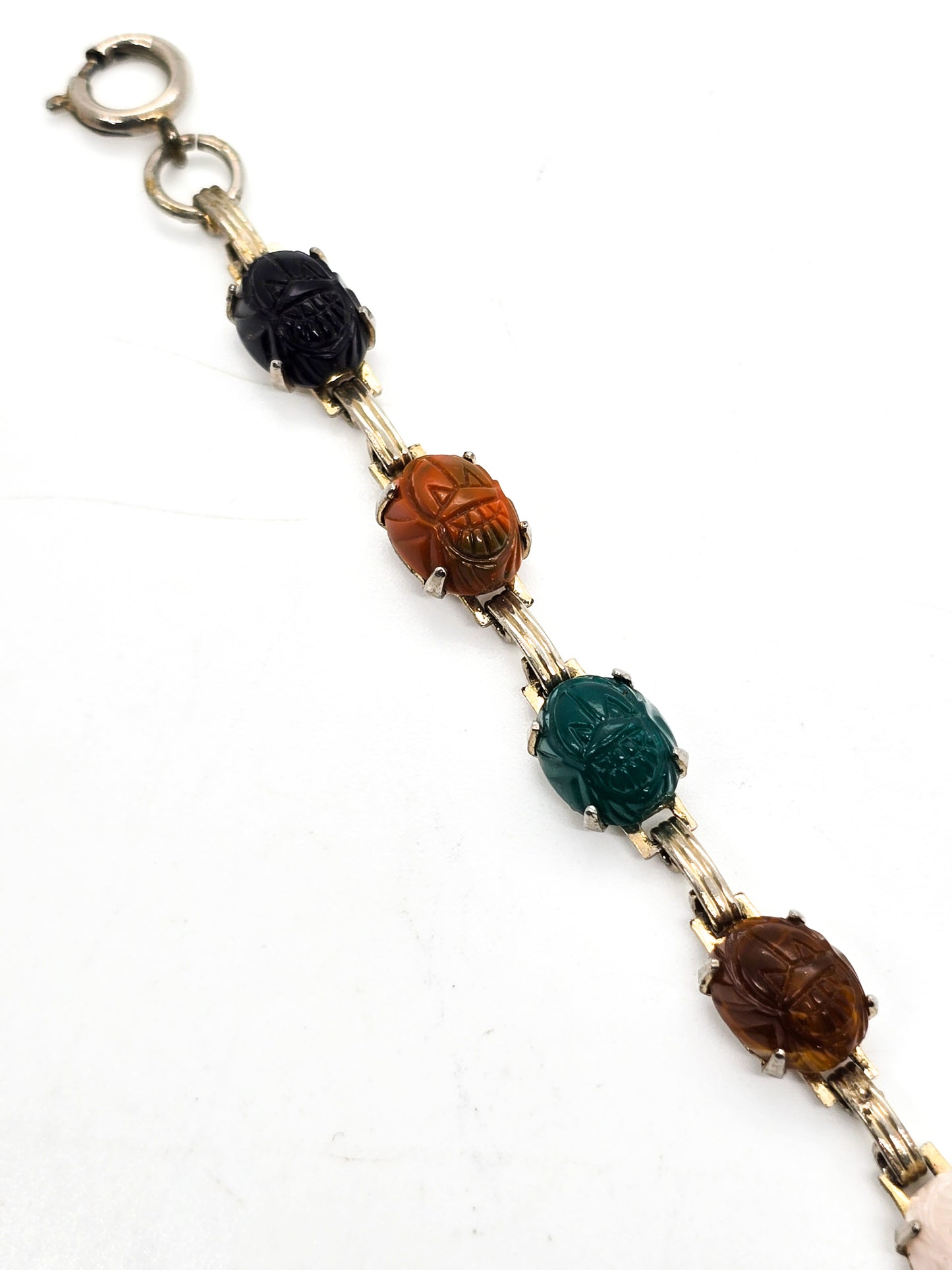 Egyptian Revival scarab beetle molded glass vintage mid century bracelet