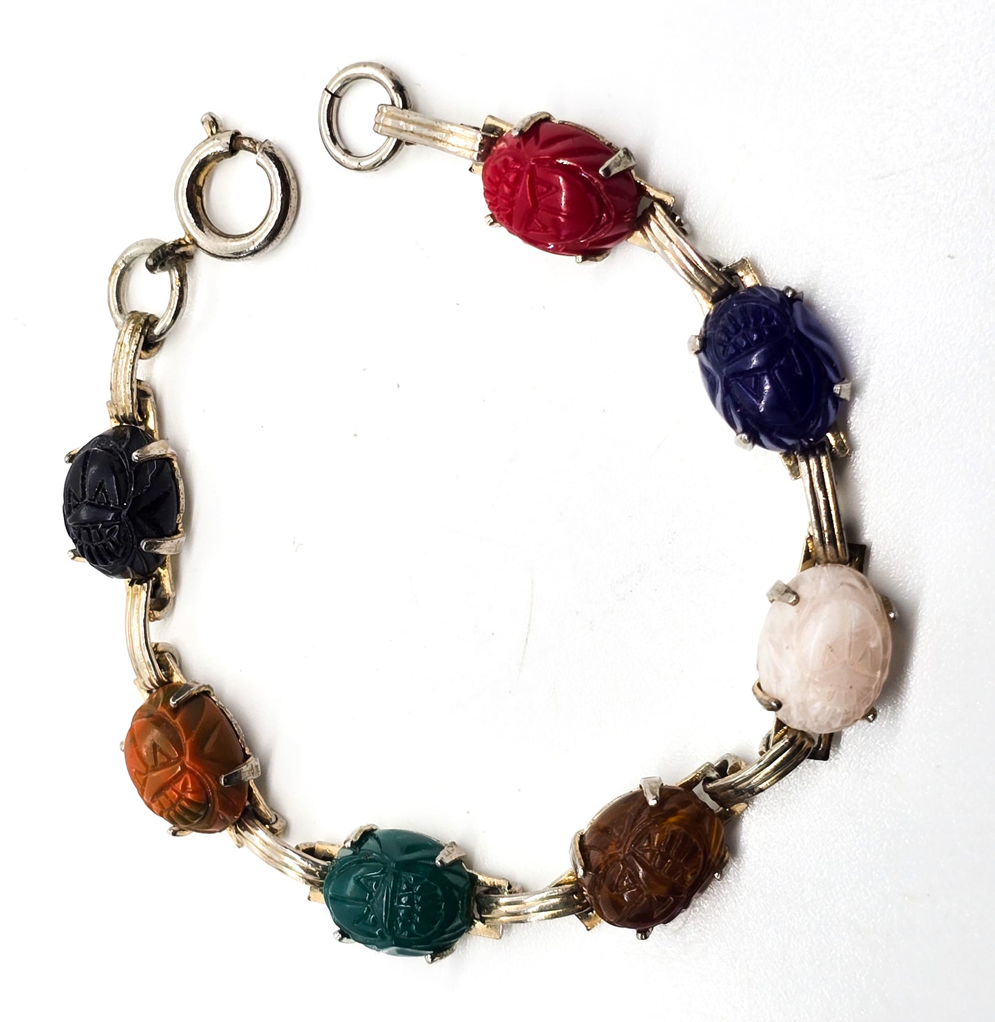 Egyptian Revival scarab beetle molded glass vintage mid century bracelet
