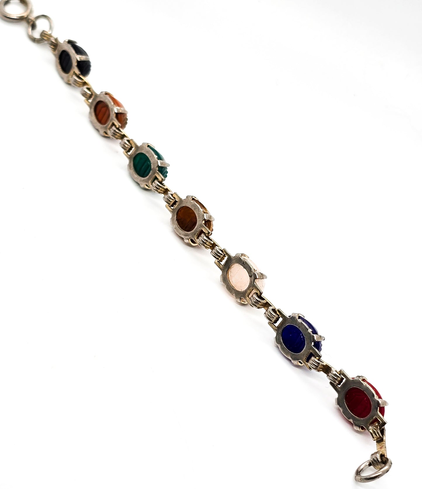 Egyptian Revival scarab beetle molded glass vintage mid century bracelet