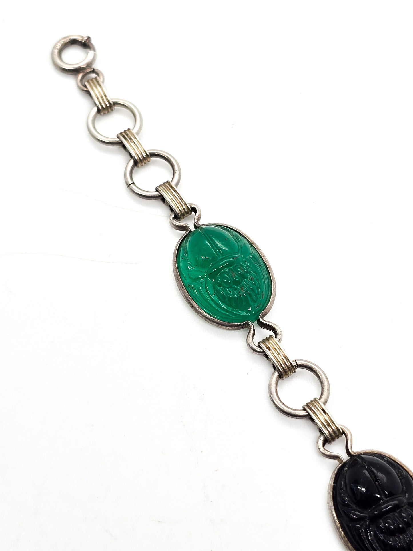 Egyptian Revival Scarab molded Uranium glass sterling silver vintage bracelet