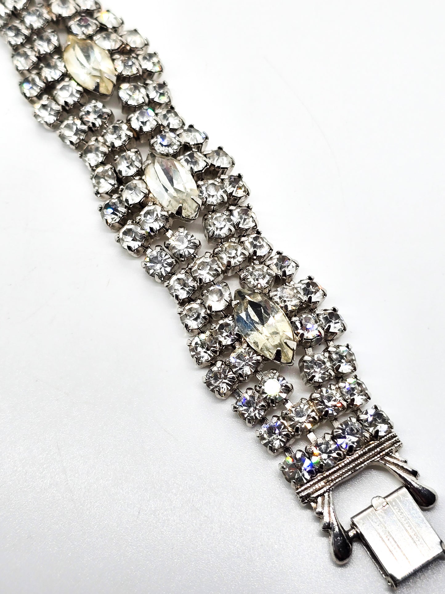 Rhinestone cuff vintage thick clear marquis rhinestone mid century bracelet