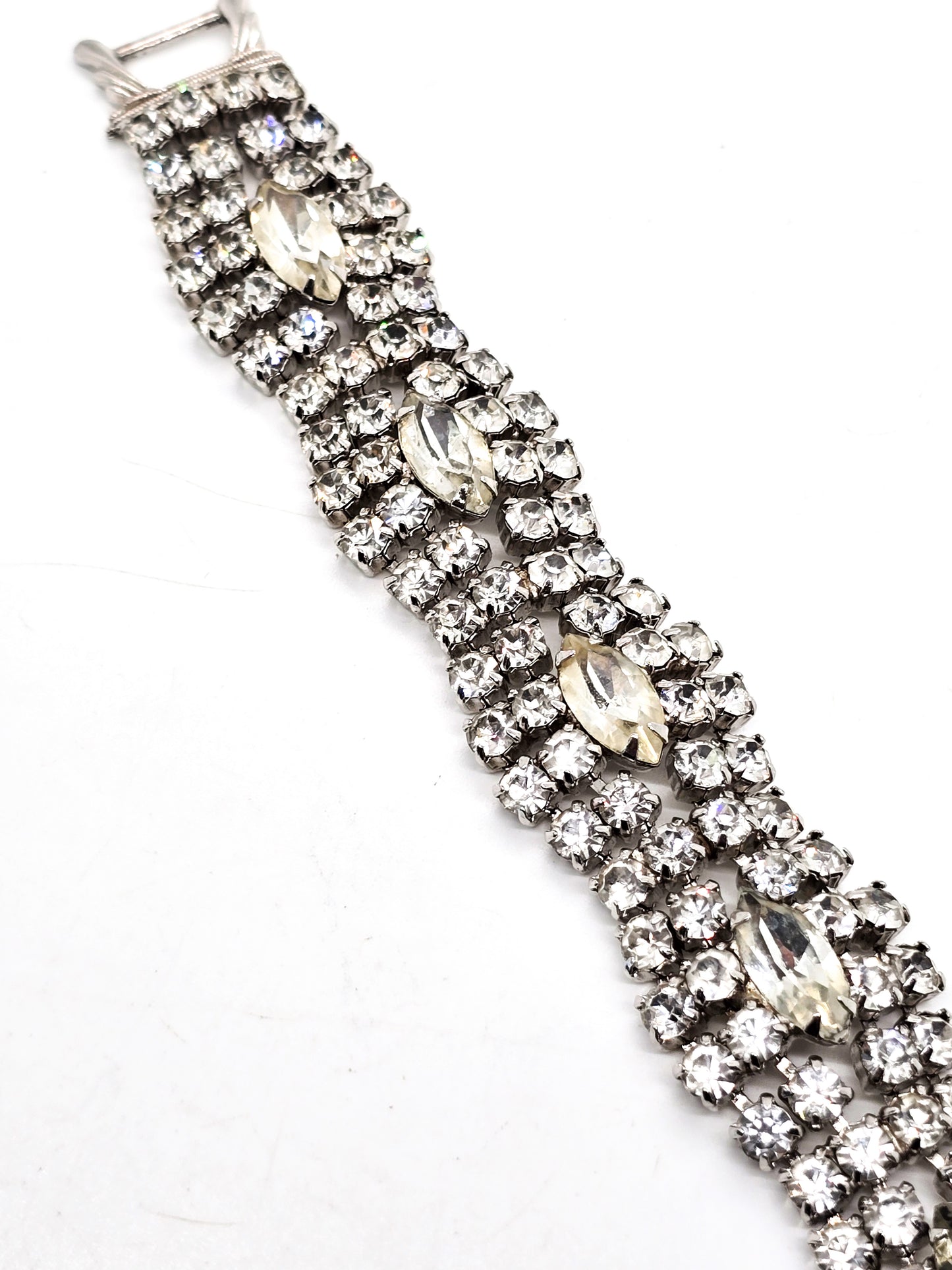 Rhinestone cuff vintage thick clear marquis rhinestone mid century bracelet