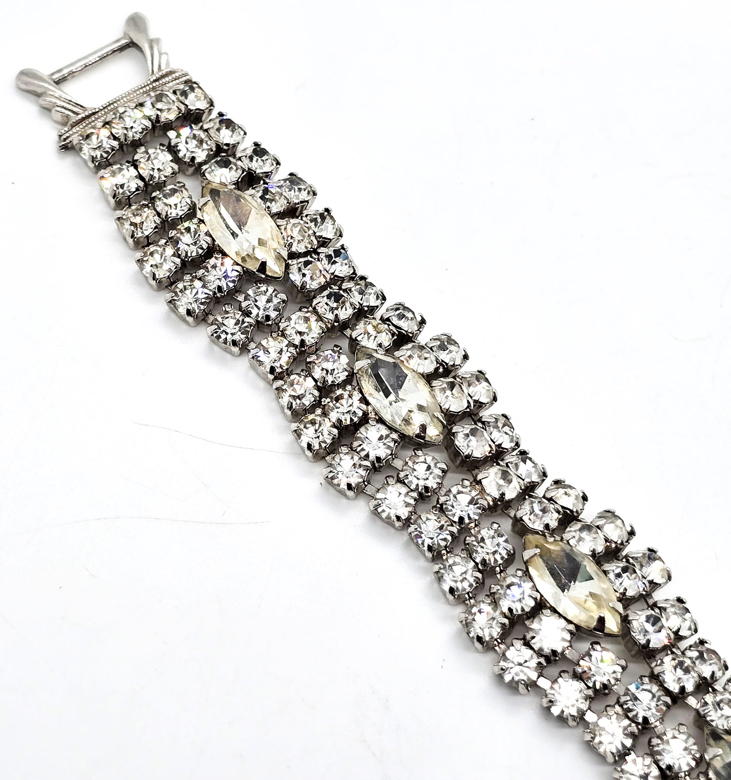 Rhinestone cuff vintage thick clear marquis rhinestone mid century bracelet
