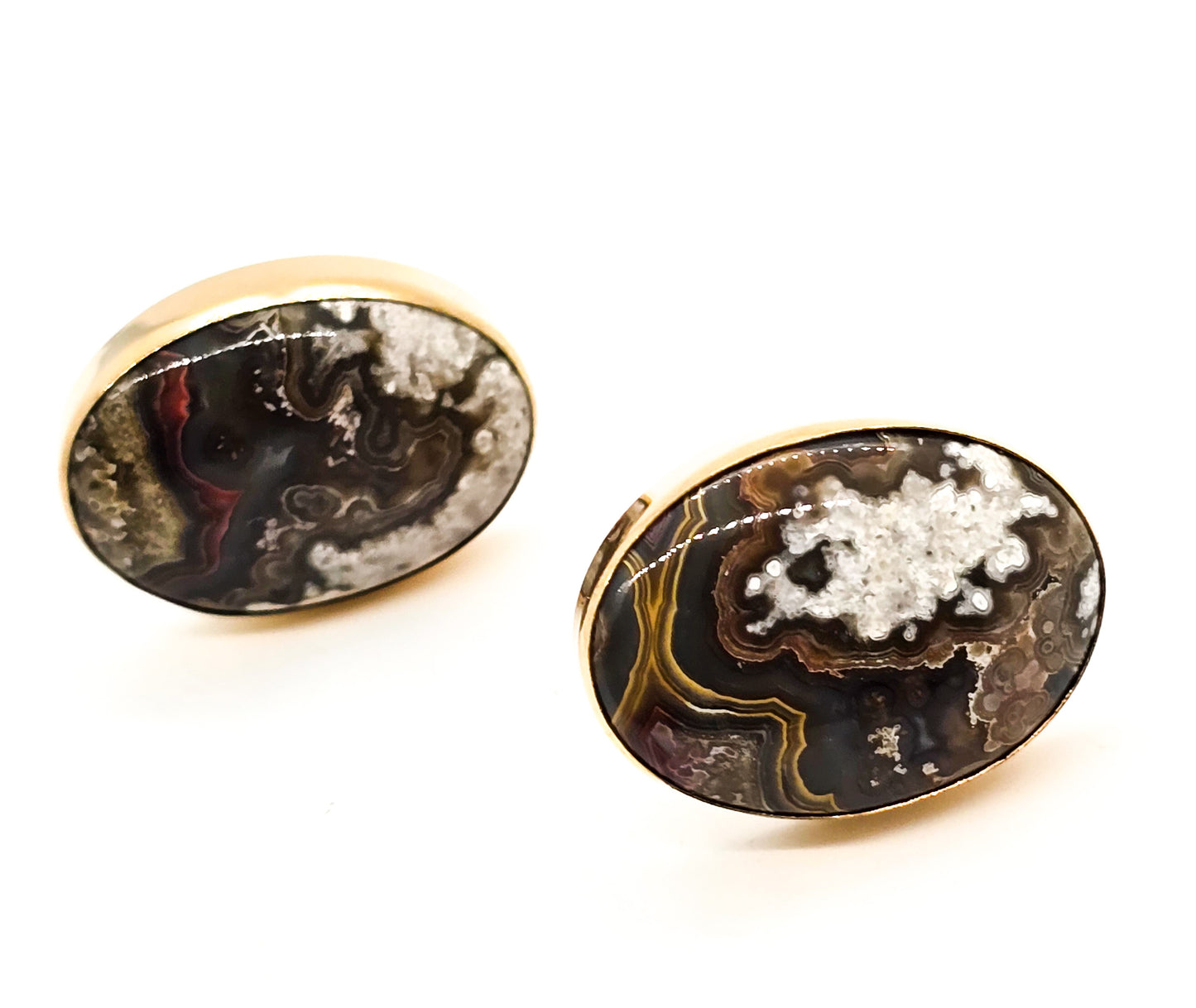 Destino Crazy Lace Agate 12k yellow gold filled vintage mid century cufflinks