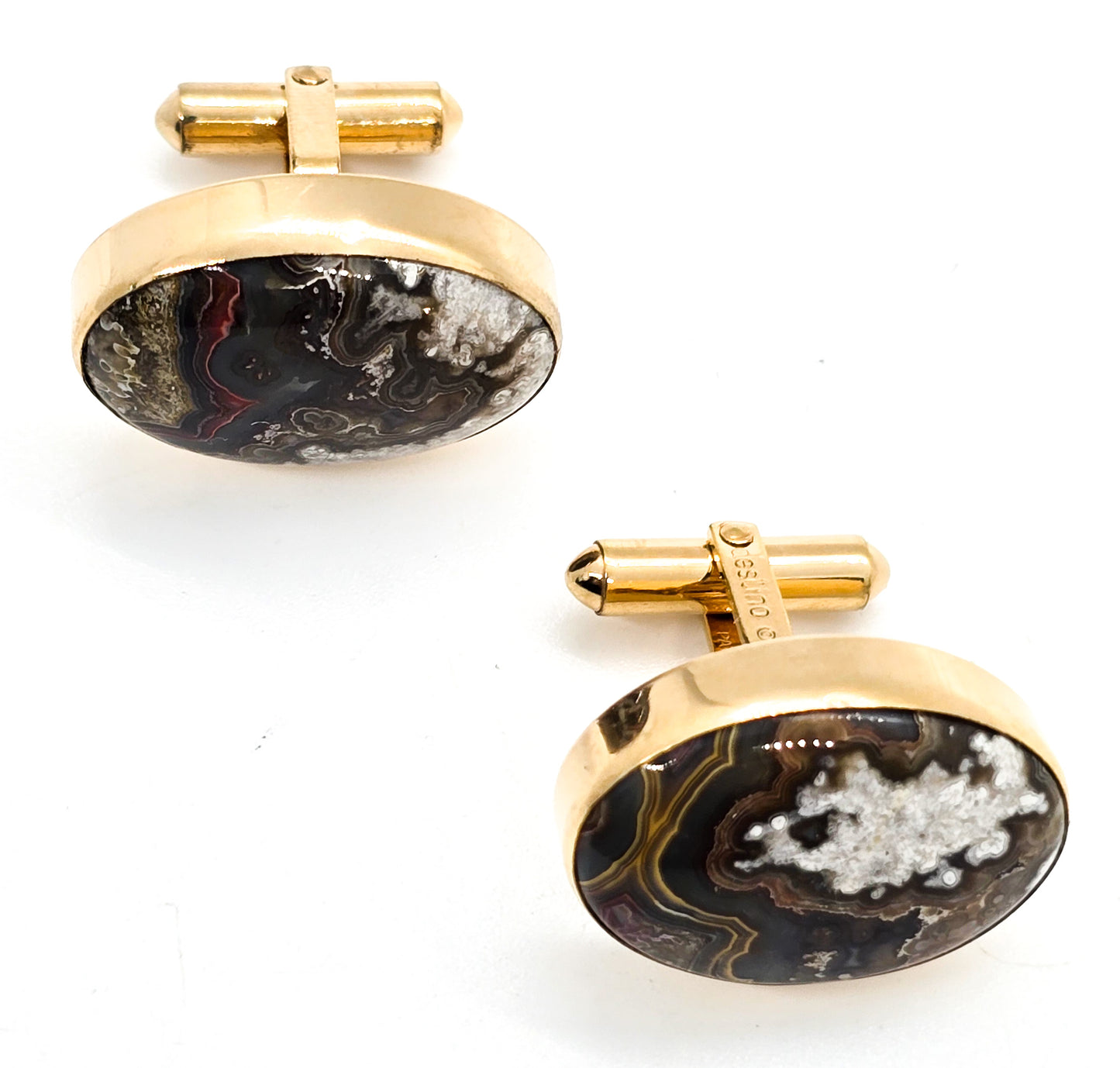 Destino Crazy Lace Agate 12k yellow gold filled vintage mid century cufflinks