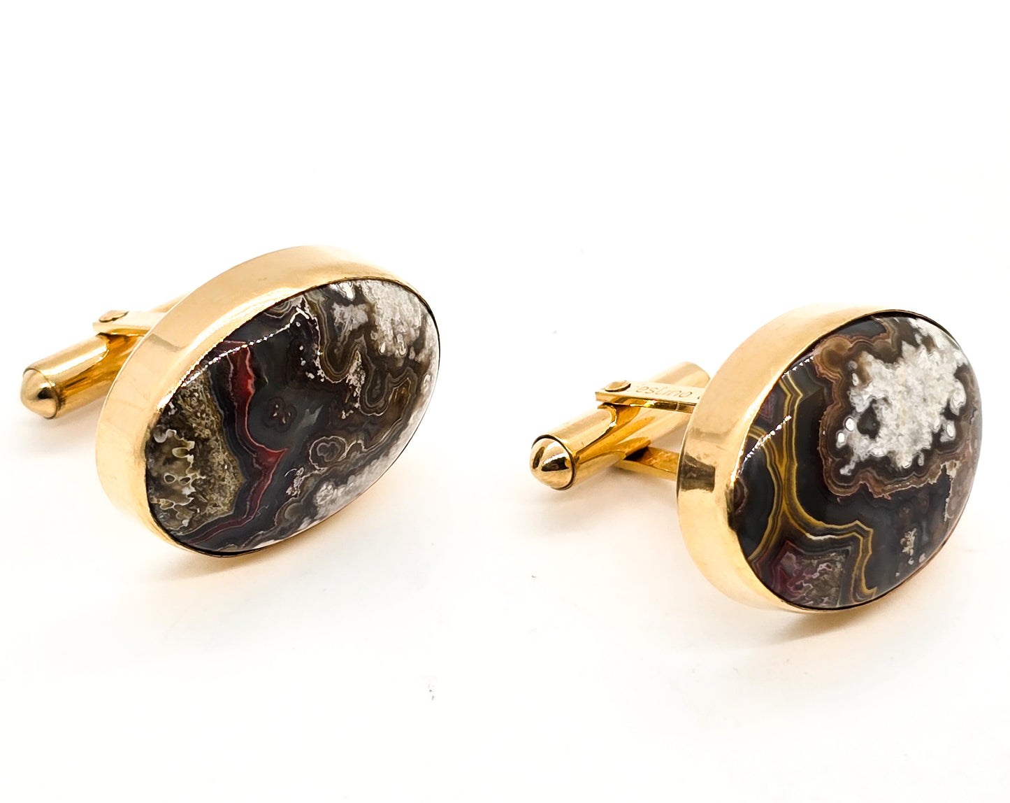 Destino Crazy Lace Agate 12k yellow gold filled vintage mid century cufflinks