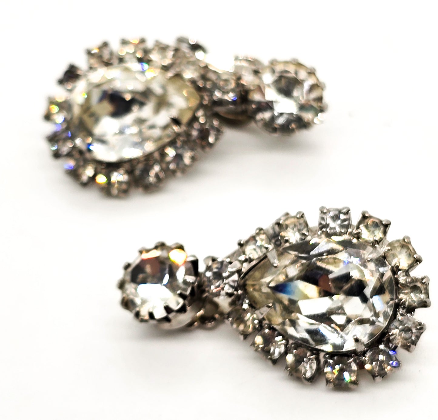 Weiss large pear cut clear rhinestone halo vintage chaton signed clip on earrings