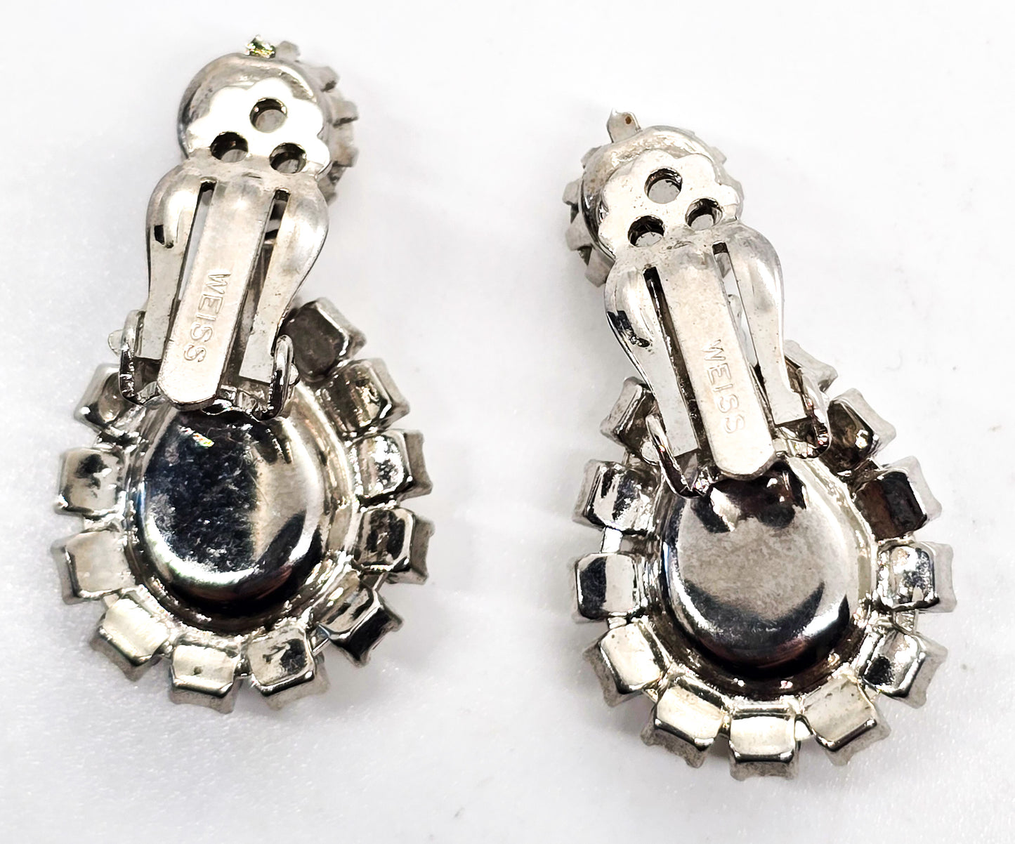 Weiss large pear cut clear rhinestone halo vintage chaton signed clip on earrings