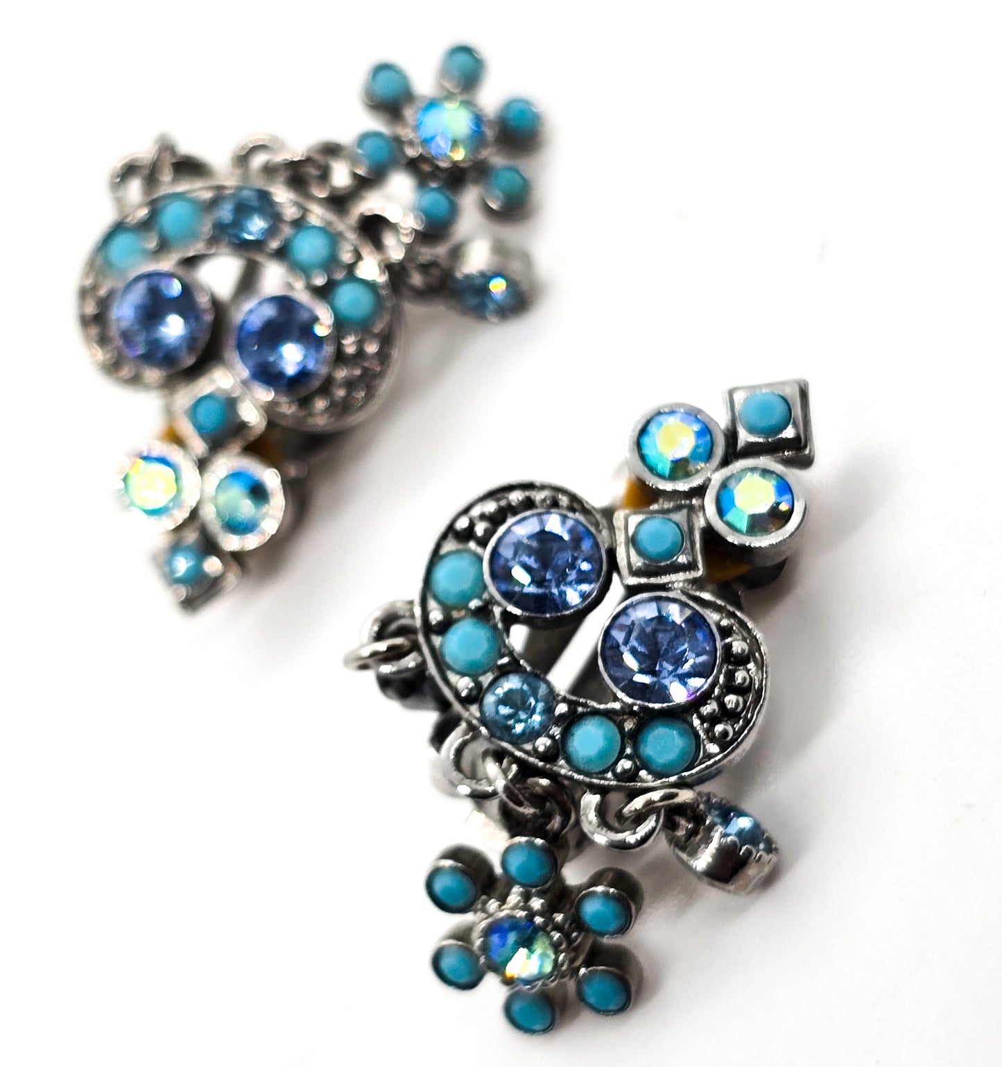 Kirks Folly blue turquoise Aurora Borealis vintage signed clip on drop earrings