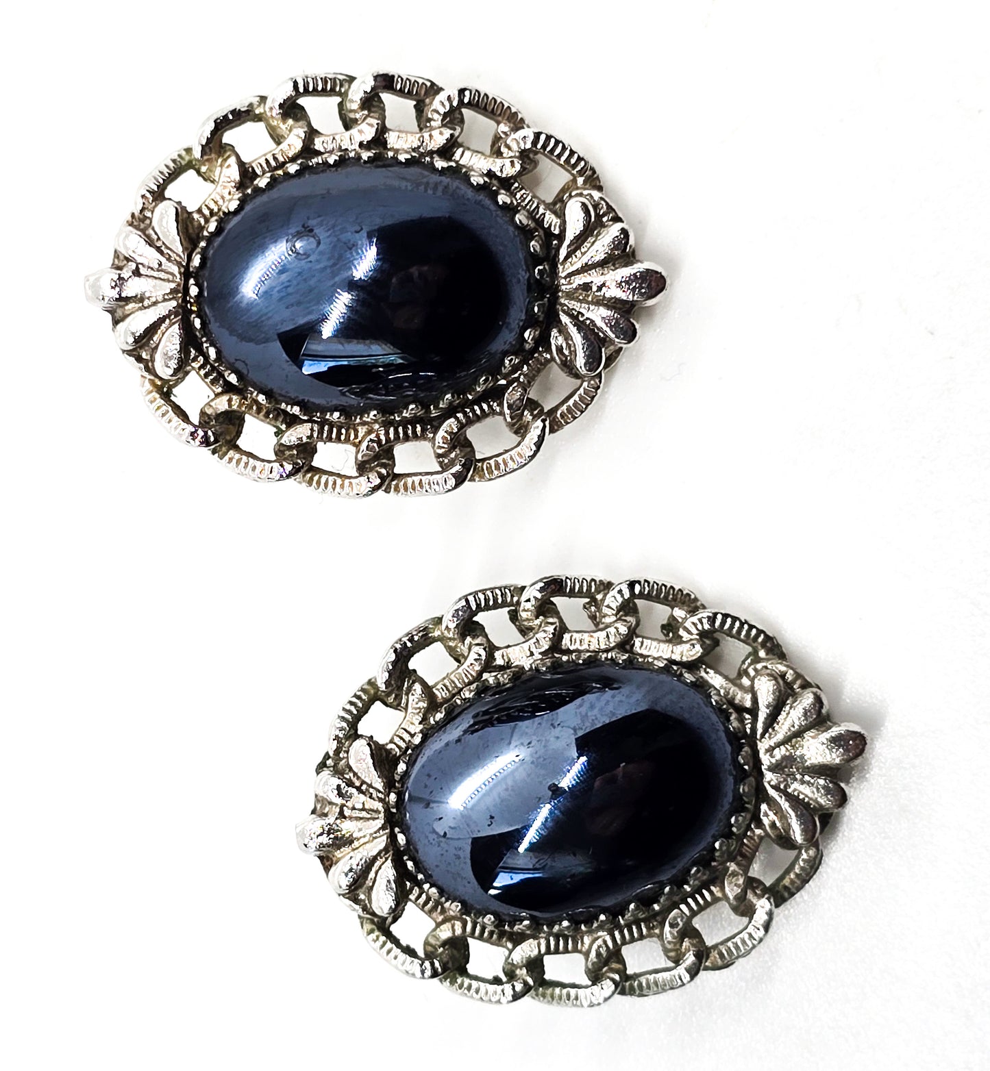 Whiting and Davis hematite silver chain signed vintage clip on earrings