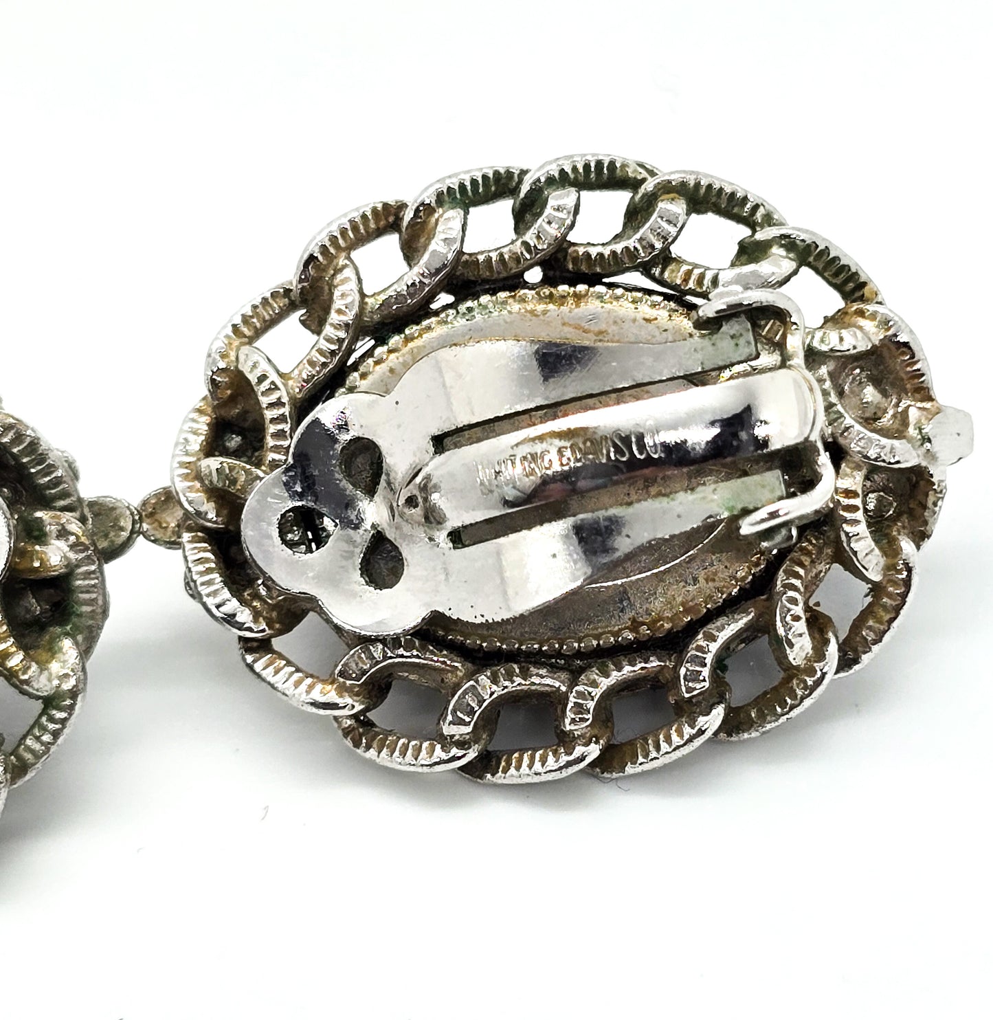 Whiting and Davis hematite silver chain signed vintage clip on earrings