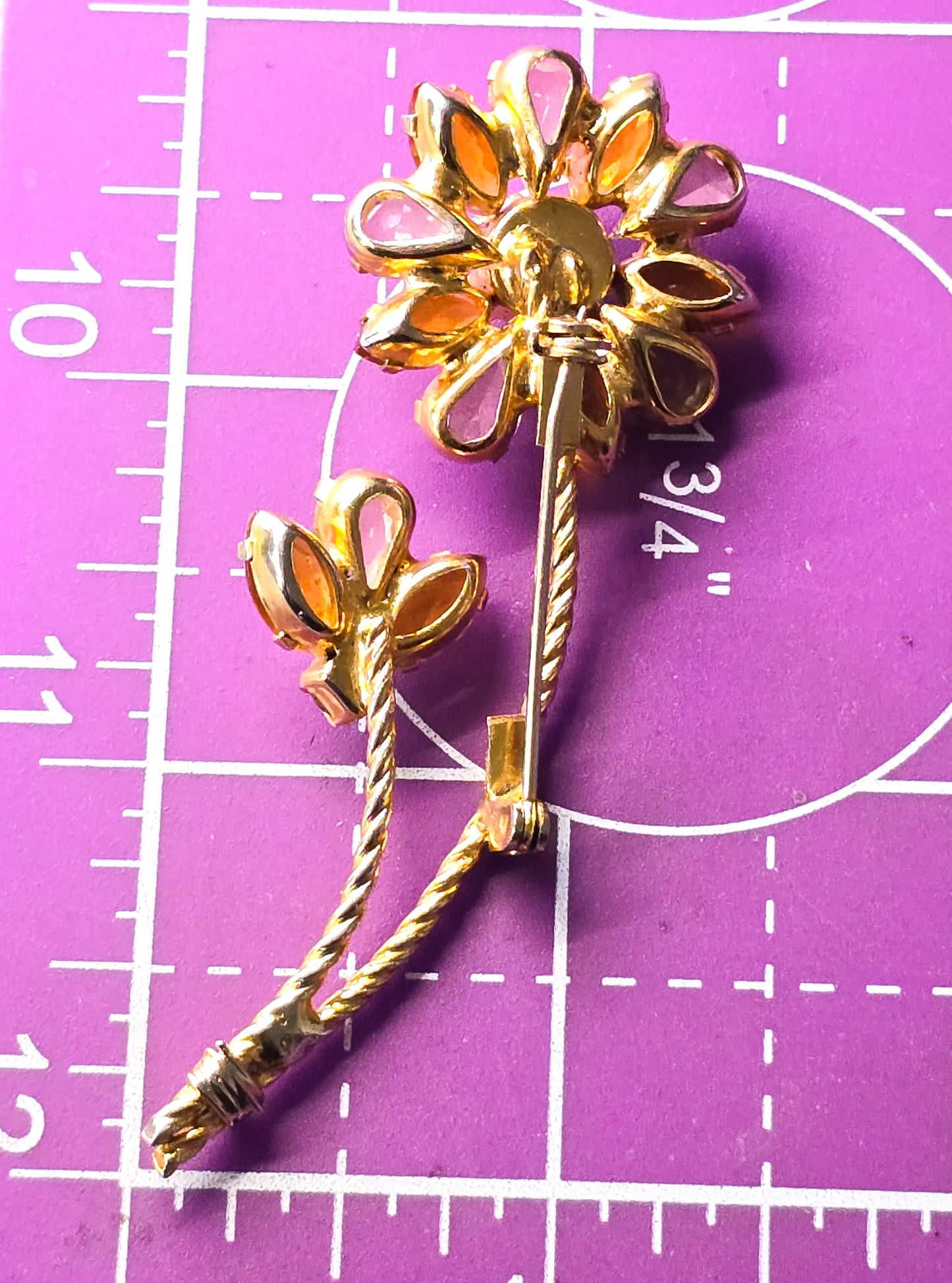 Amber and Topaz vintage Aurora Borealis double flower faux pearl gold toned brooch