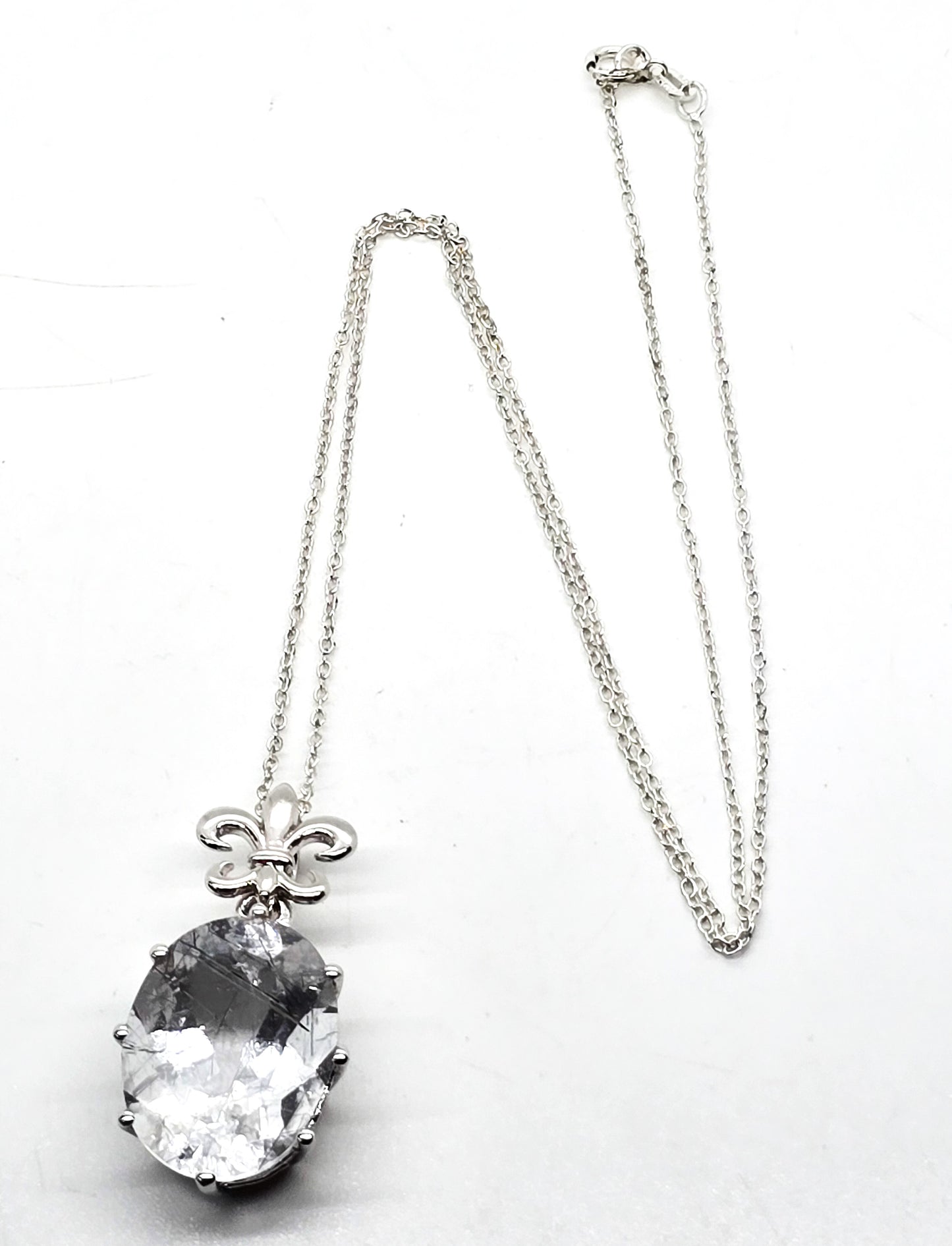 Rutilated Black Tourmaline in Quartz Fleur de Lis sterling silver pendant necklace