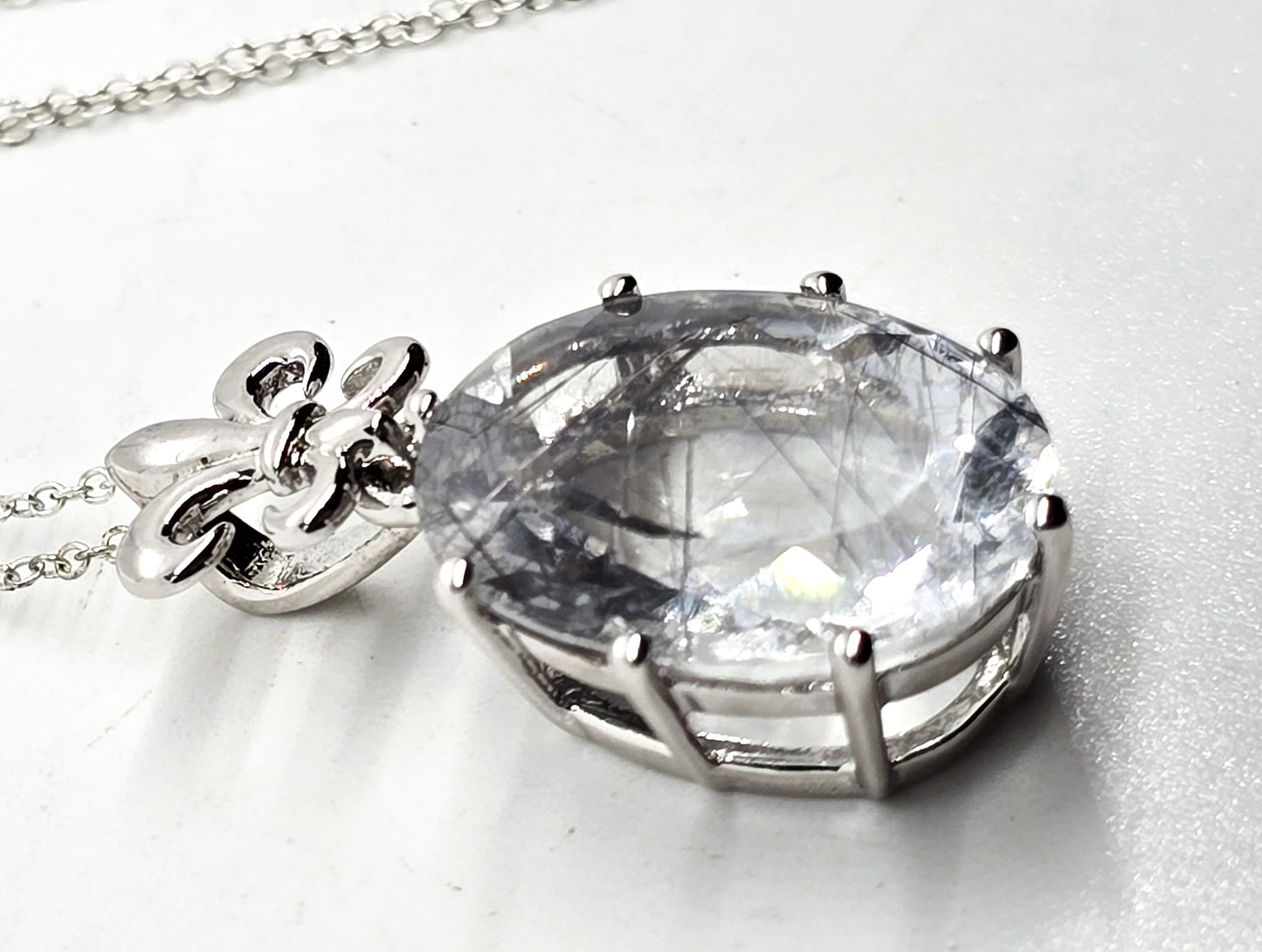 Rutilated Black Tourmaline in Quartz Fleur de Lis sterling silver pendant necklace
