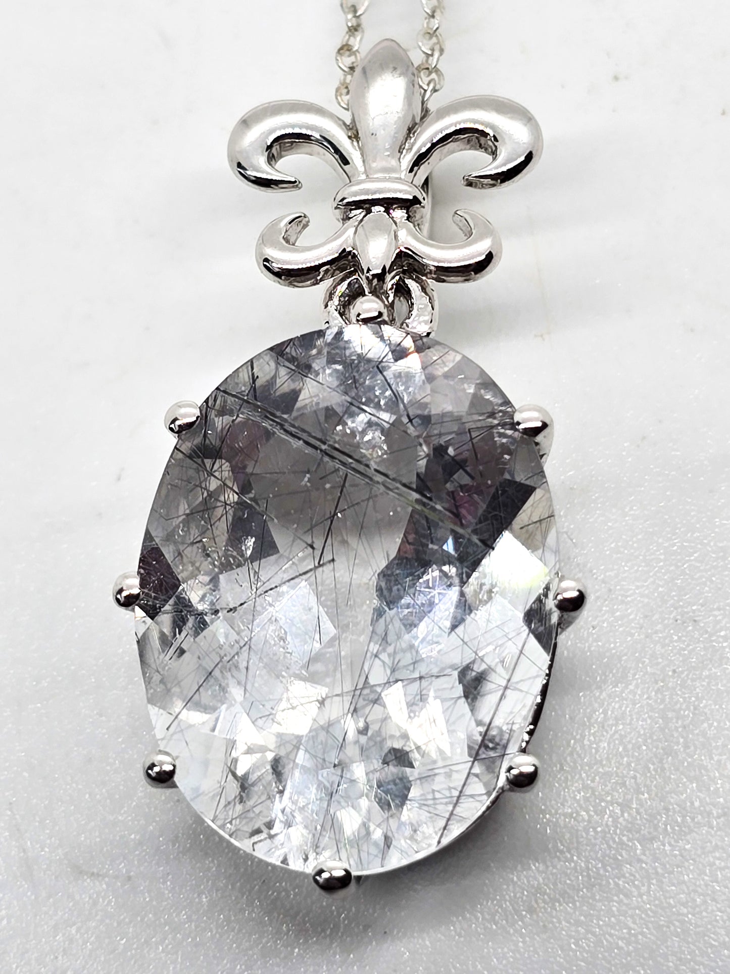 Rutilated Black Tourmaline in Quartz Fleur de Lis sterling silver pendant necklace