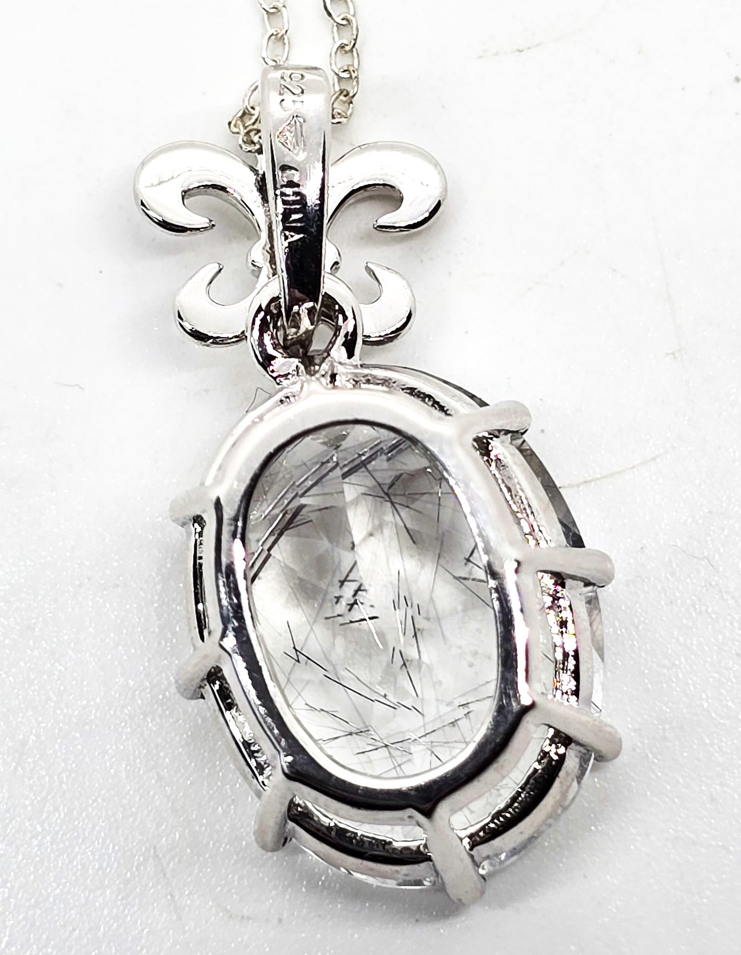 Rutilated Black Tourmaline in Quartz Fleur de Lis sterling silver pendant necklace