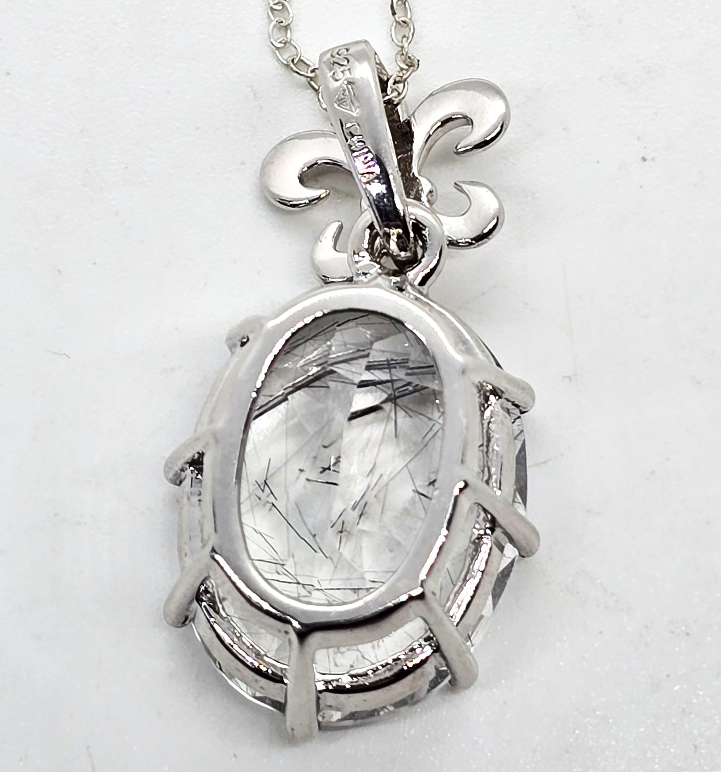 Rutilated Black Tourmaline in Quartz Fleur de Lis sterling silver pendant necklace