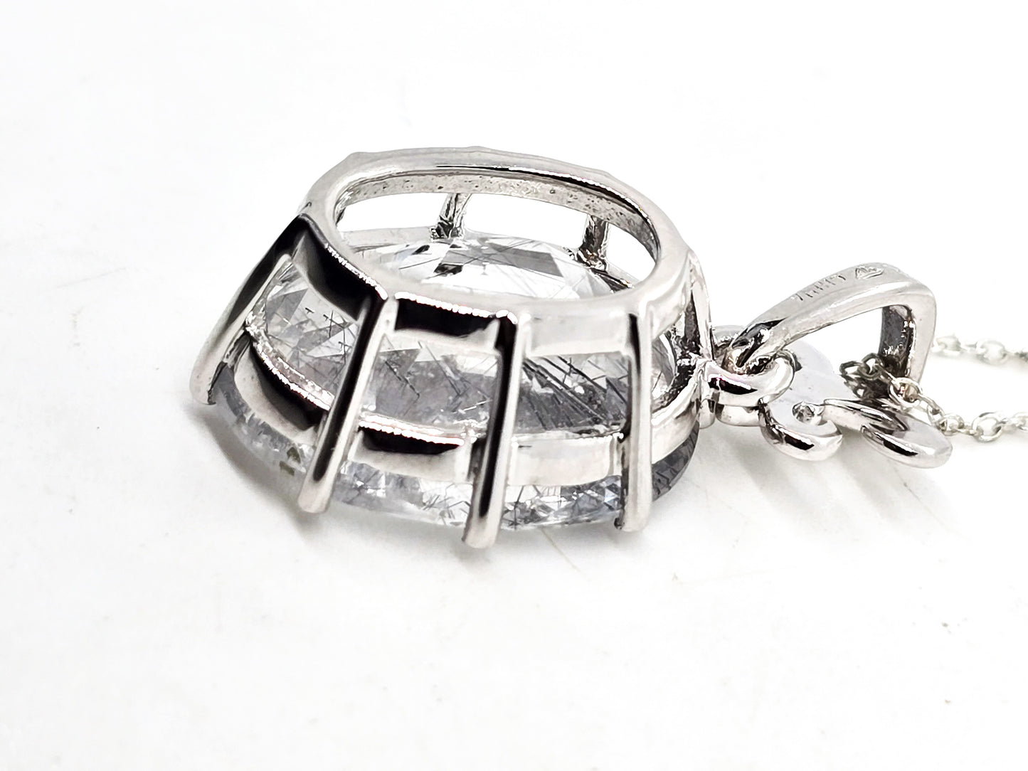 Rutilated Black Tourmaline in Quartz Fleur de Lis sterling silver pendant necklace