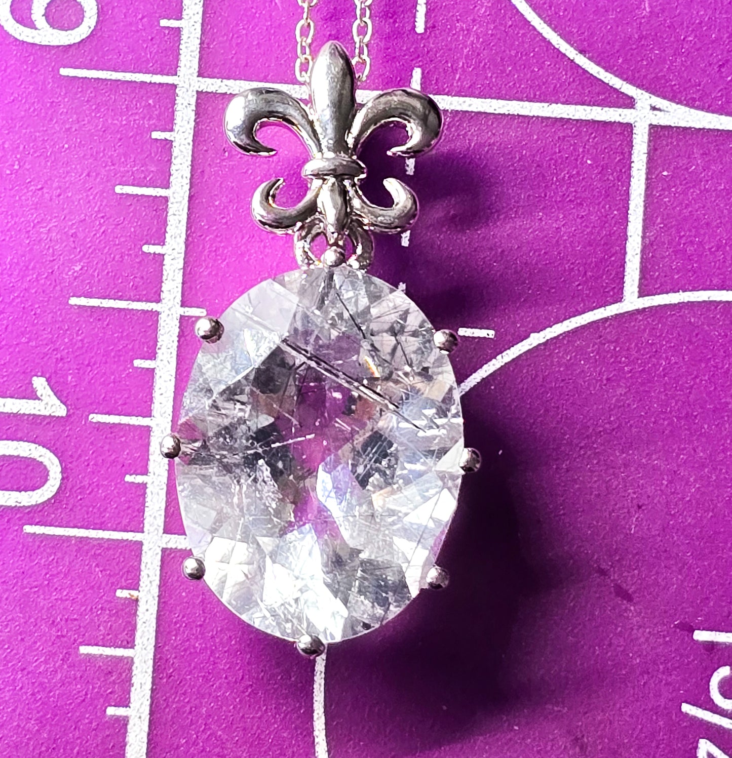 Rutilated Black Tourmaline in Quartz Fleur de Lis sterling silver pendant necklace