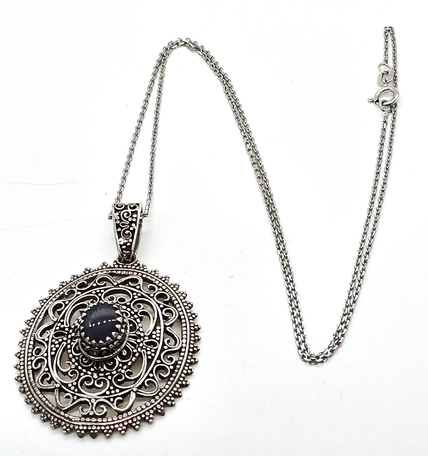Black Opal Bali tribal style large sterling silver open work pendant necklace