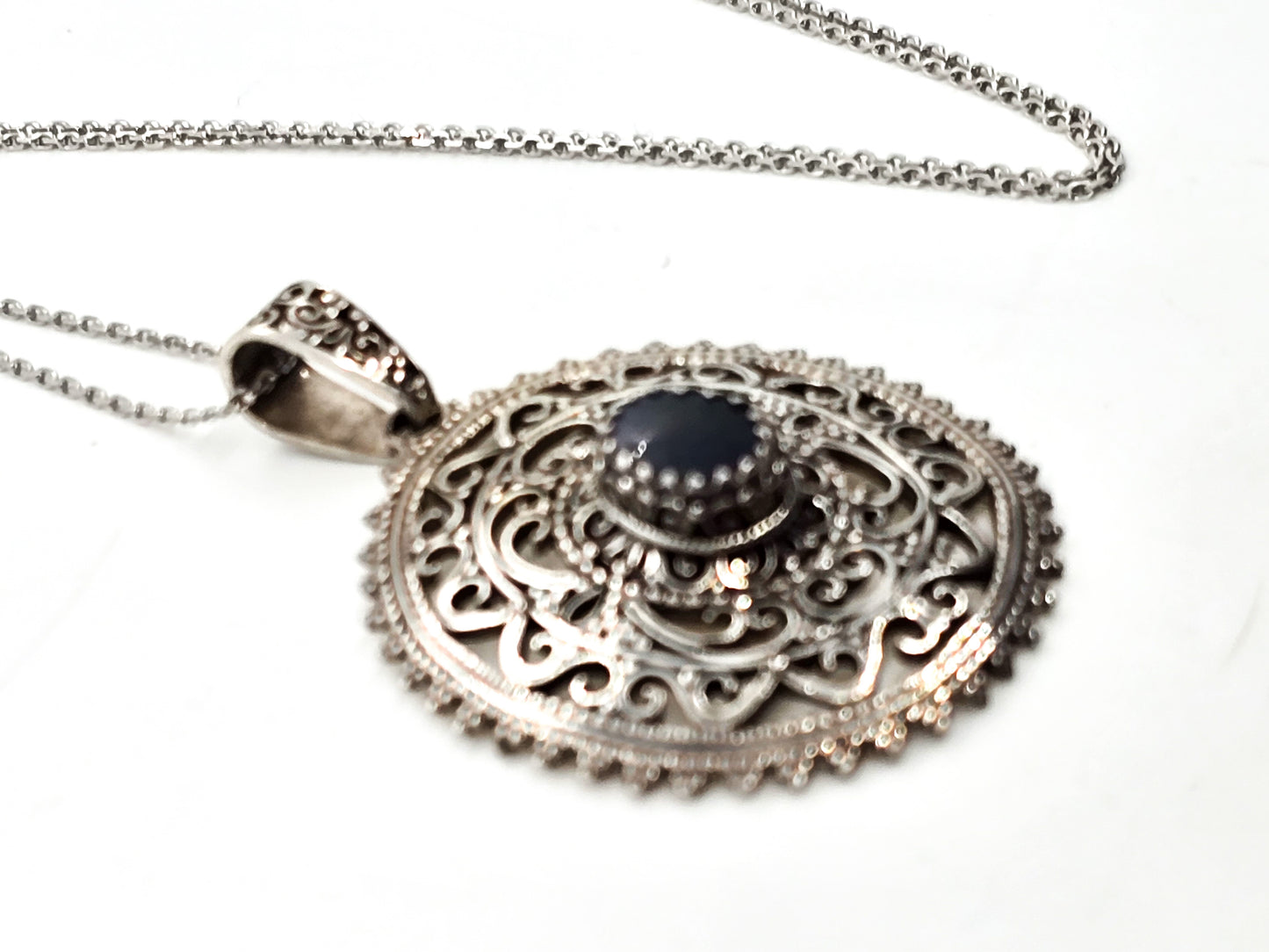 Black Opal Bali tribal style large sterling silver open work pendant necklace