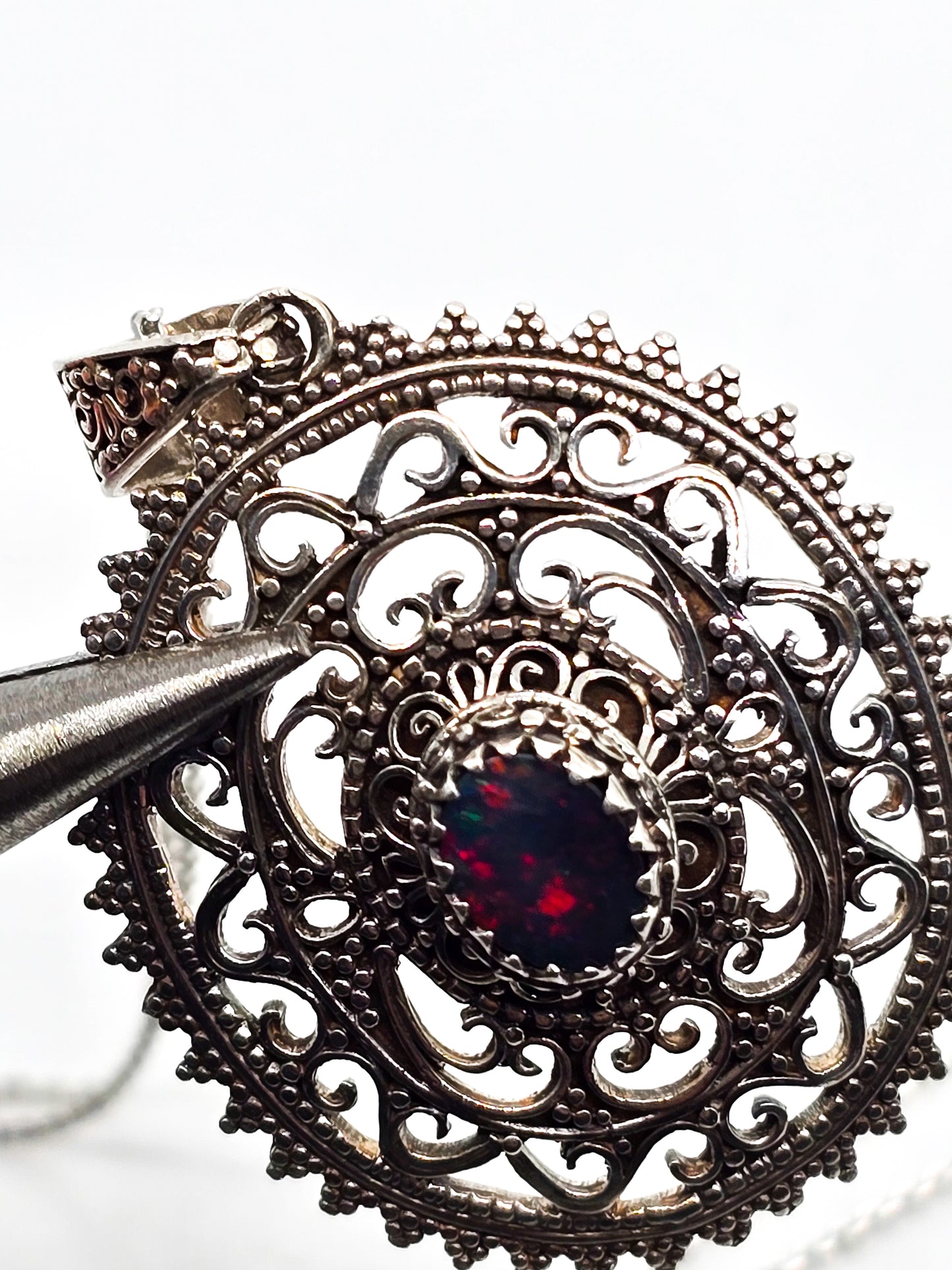 Black Opal Bali tribal style large sterling silver open work pendant necklace