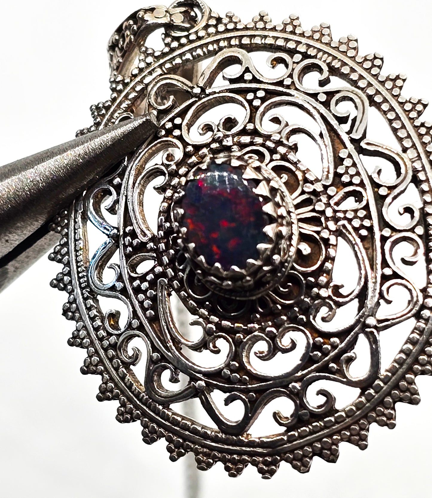 Black Opal Bali tribal style large sterling silver open work pendant necklace
