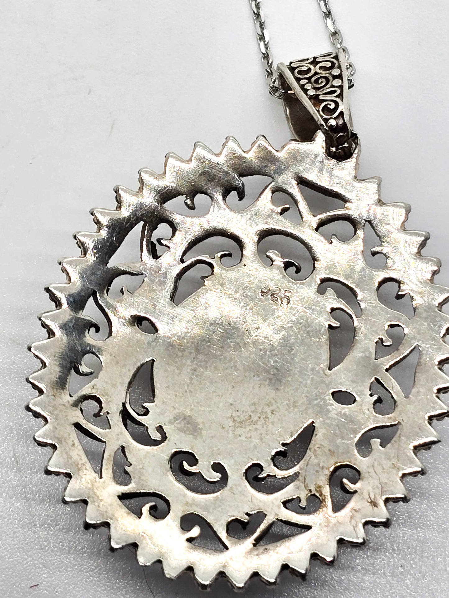 Black Opal Bali tribal style large sterling silver open work pendant necklace
