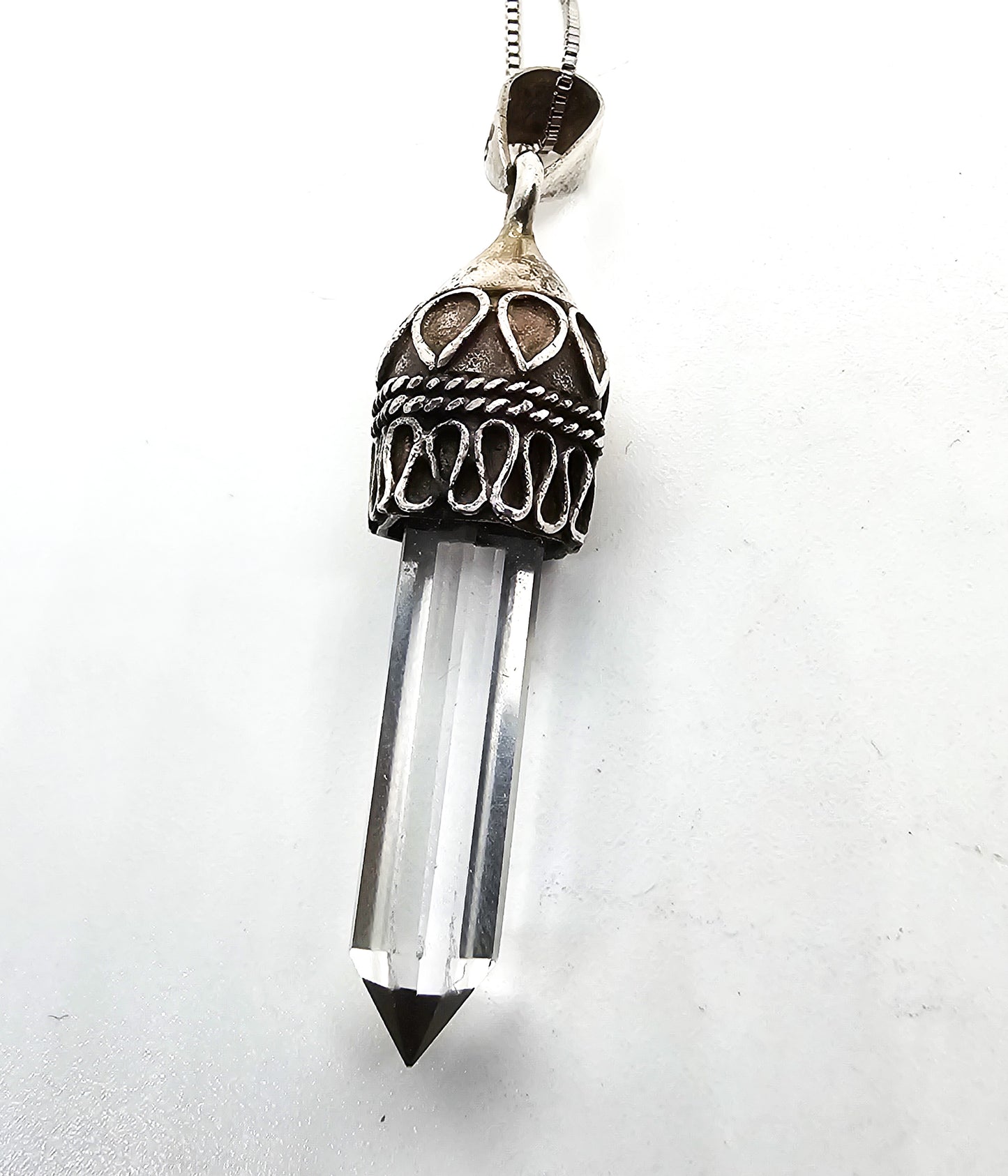 Terminated clear quartz JC Balinese Bali style sterling silver vintage pendant necklace