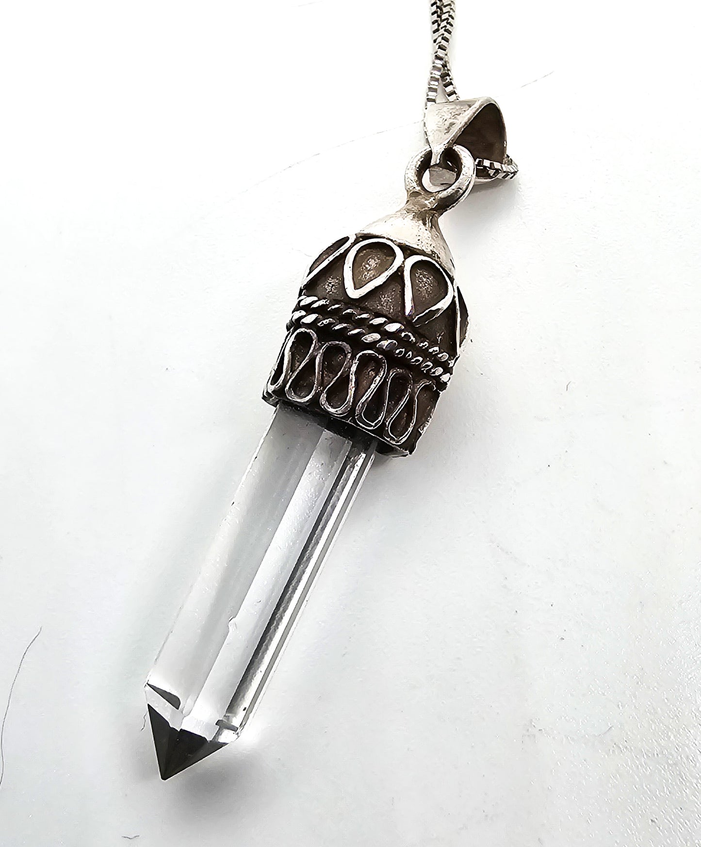 Terminated clear quartz JC Balinese Bali style sterling silver vintage pendant necklace