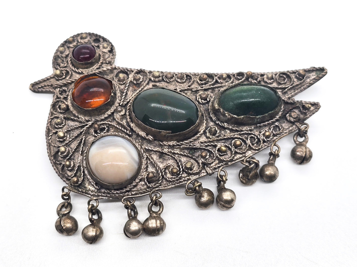 Gemstone bird tribal ethnic belly dance bell vintage silver toned brooch