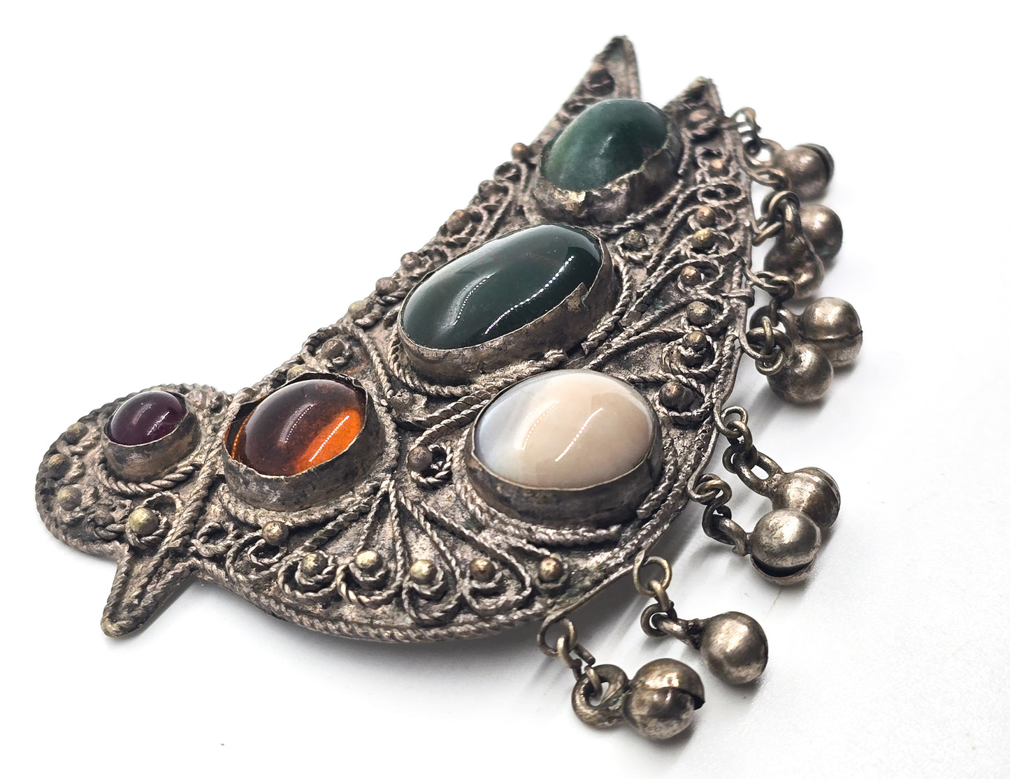 Gemstone bird tribal ethnic belly dance bell vintage silver toned brooch