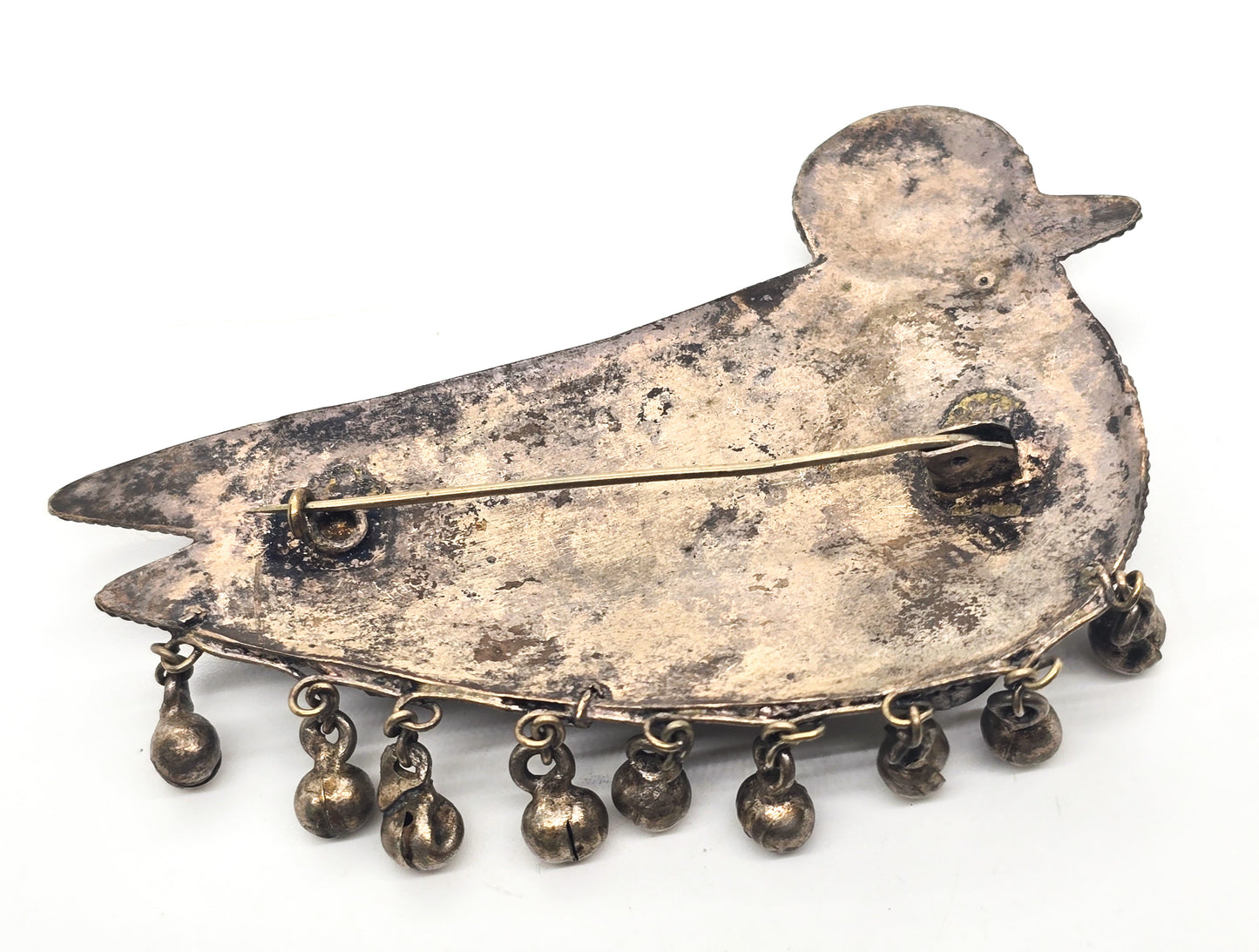 Gemstone bird tribal ethnic belly dance bell vintage silver toned brooch