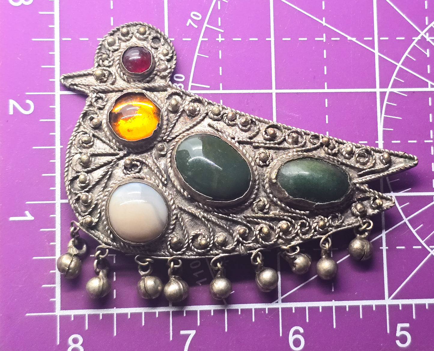 Gemstone bird tribal ethnic belly dance bell vintage silver toned brooch