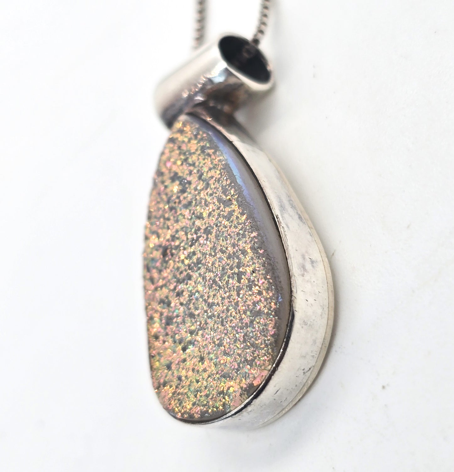 Pink Druzy quartz gemstone pear cut vintage pendant necklace