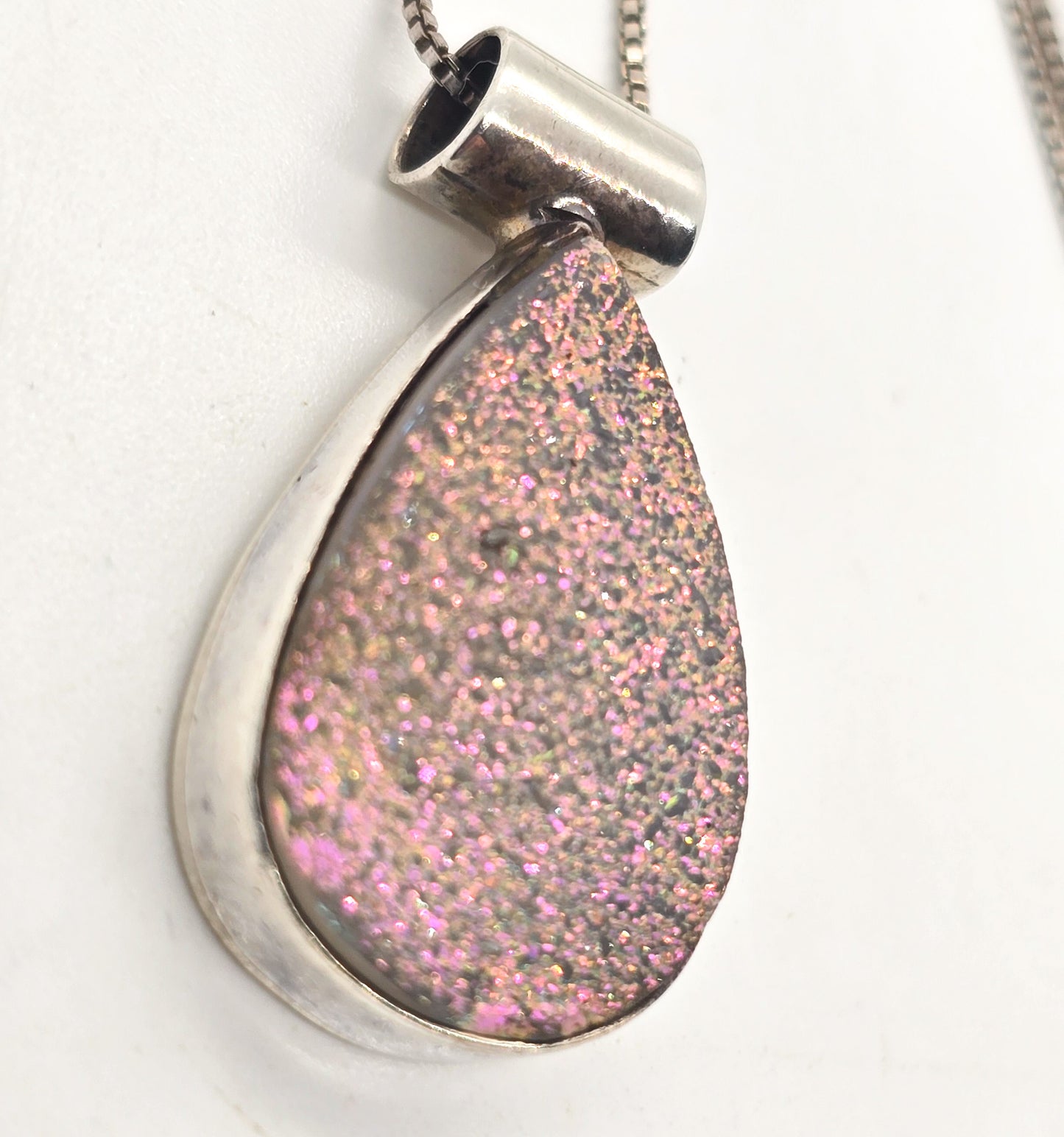 Pink Druzy quartz gemstone pear cut vintage pendant necklace