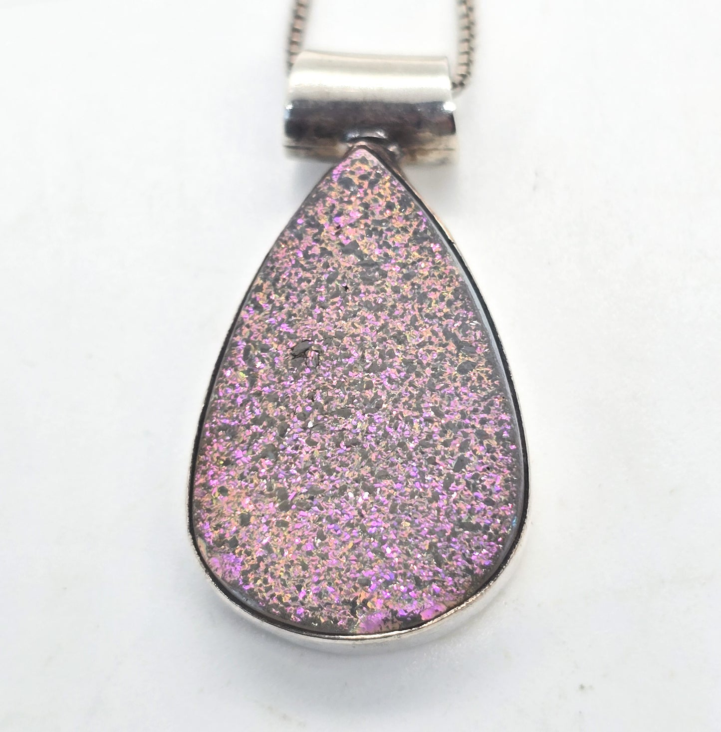 Pink Druzy quartz gemstone pear cut vintage pendant necklace
