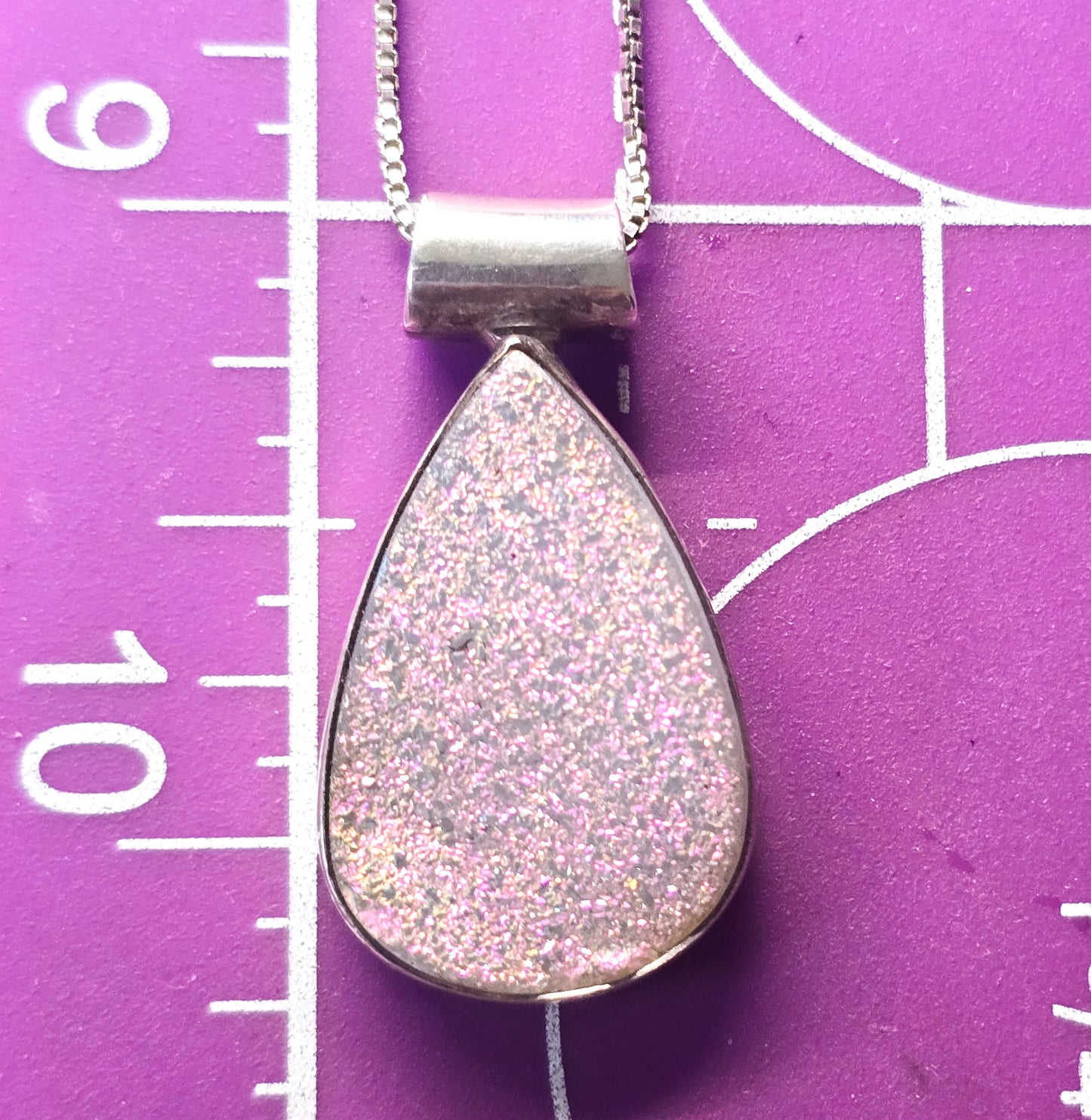 Pink Druzy quartz gemstone pear cut vintage pendant necklace