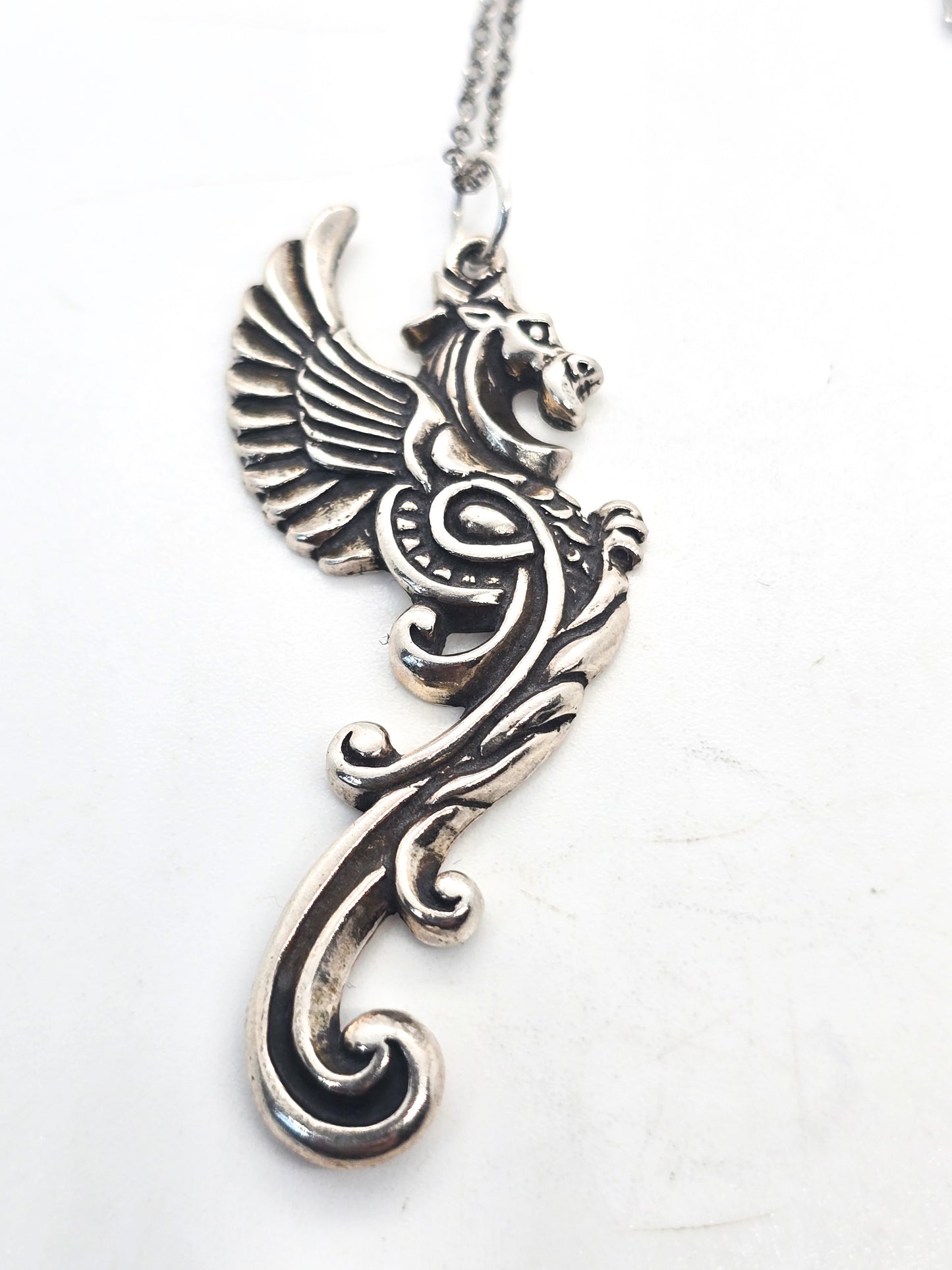 Tribal dragon large winged sterling silver pendant necklace