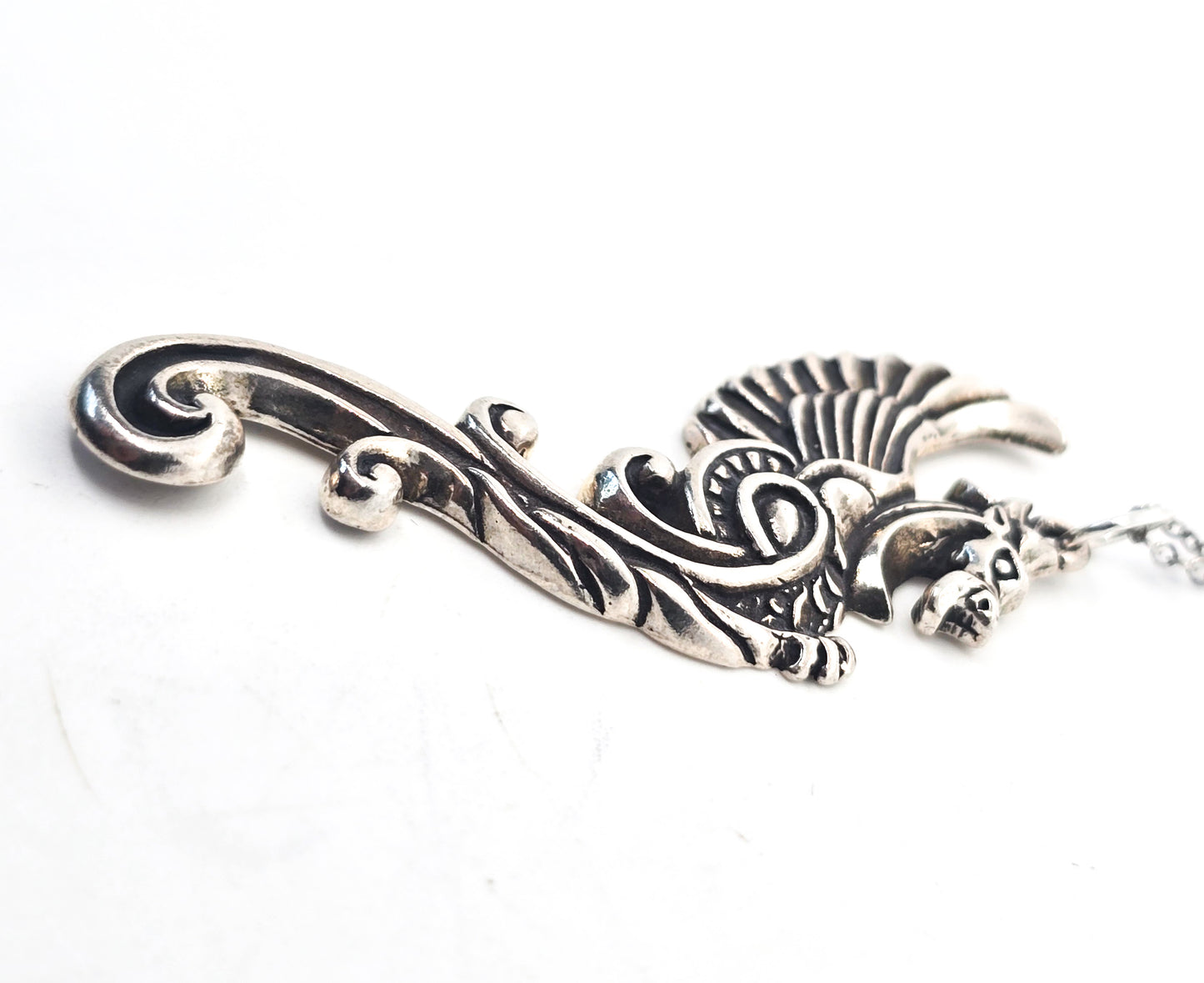 Tribal dragon large winged sterling silver pendant necklace