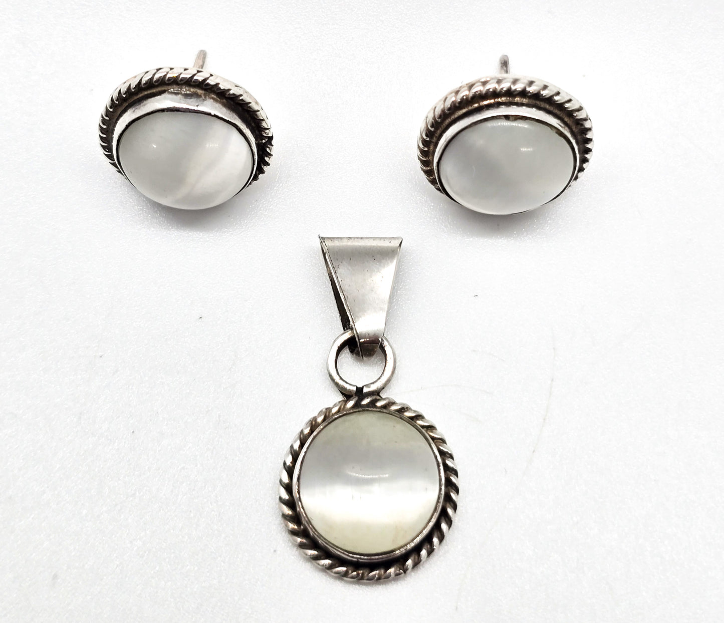 White Mother of Pearl MOP matching sterling silver earrings and pendant set